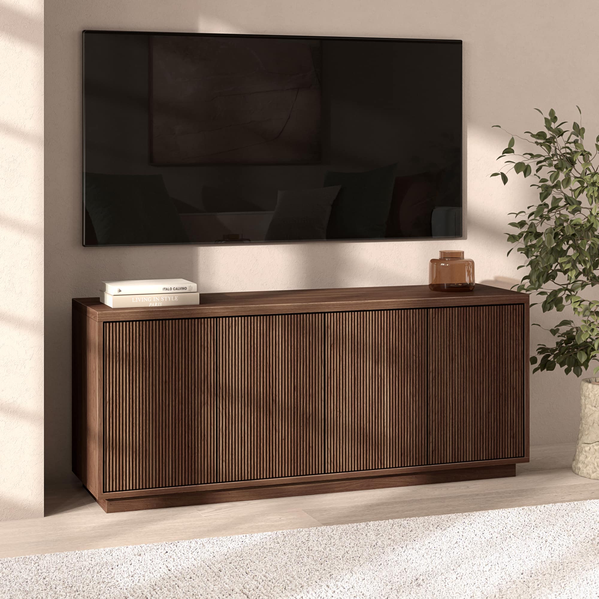 Hudson&Canal - Hanson Rectangular Fluted TV Stand for TV's up to 65" in Satin Walnut - Brown