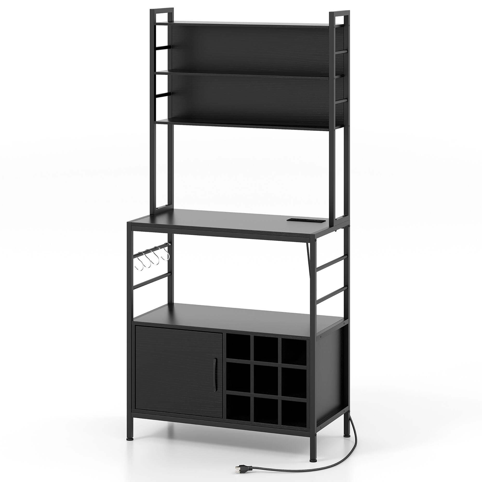 Alt View 9. Gymax - Gymax 67'' Bakers Rack w/ Power Outlet Coffee Bar Cabinet w/ S-Shaped Hooks Black - Black.