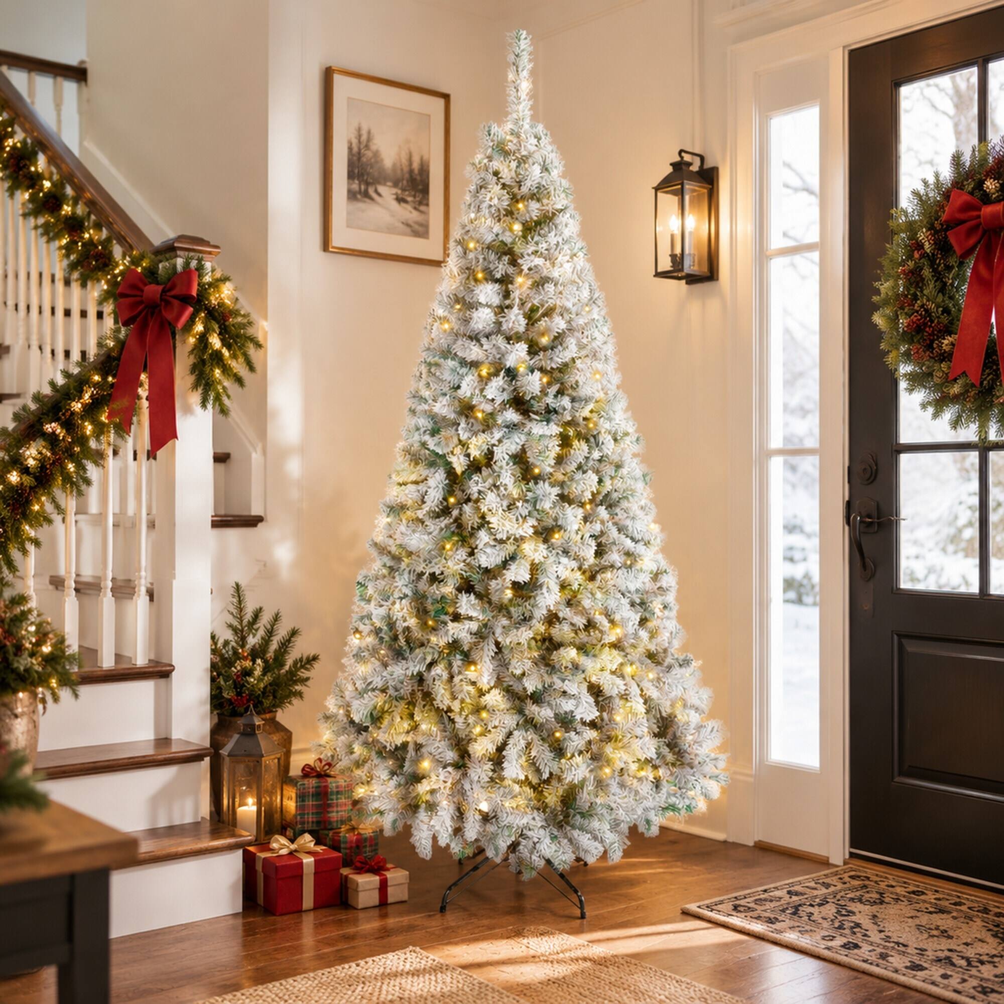 Alt View 1. RYHNUYNE - 7.5FT Pre-Lit Flocked Fraser Fir Christmas Tree With LED Lights and Hinged Branches, Foldable Metal Base - Green.