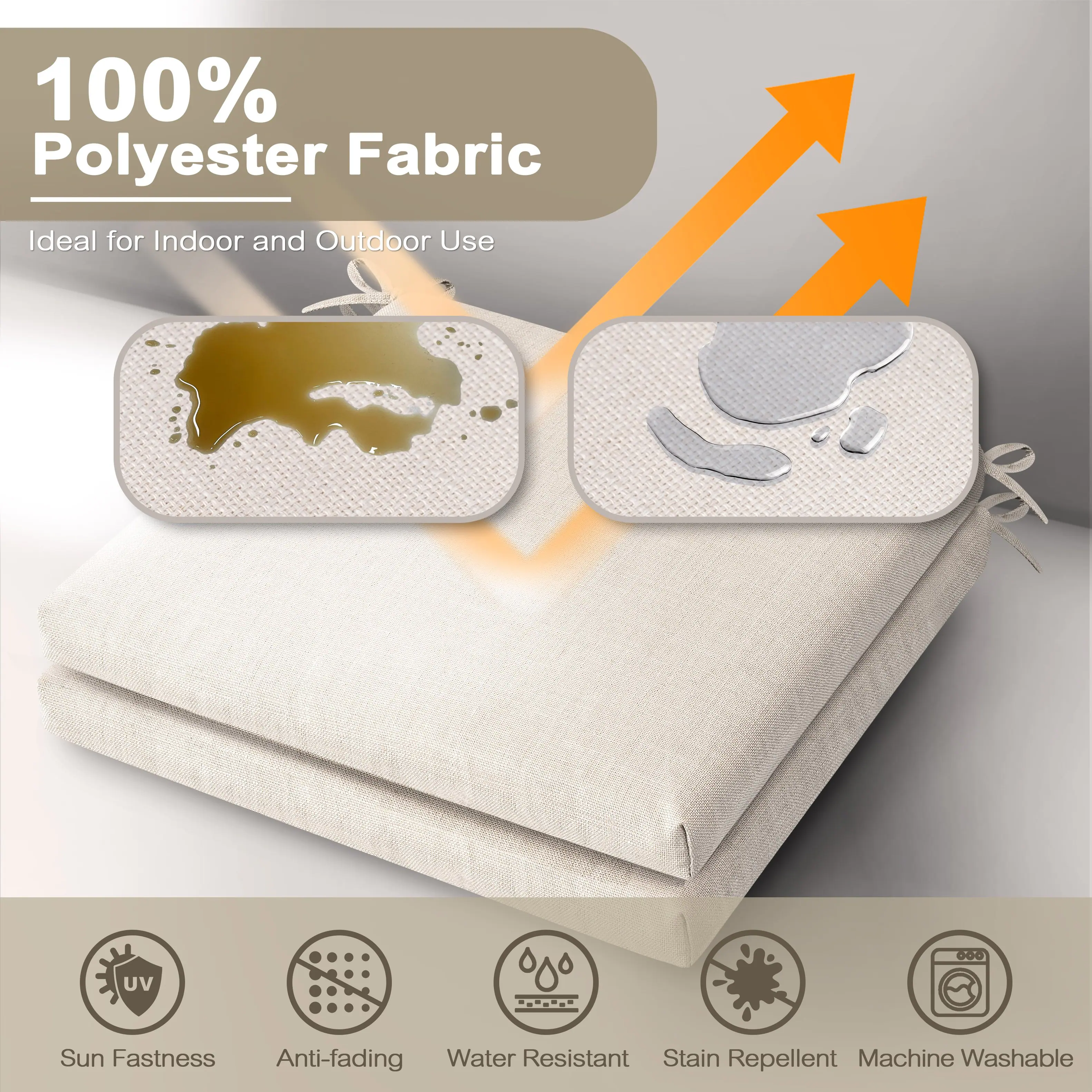 100% Polyester Fabric  
Ideal for Indoor and Outdoor Use  
UV Sun Fastness  
Anti-fading  
Water Resistant  
Stain Repellent  
Machine Washable