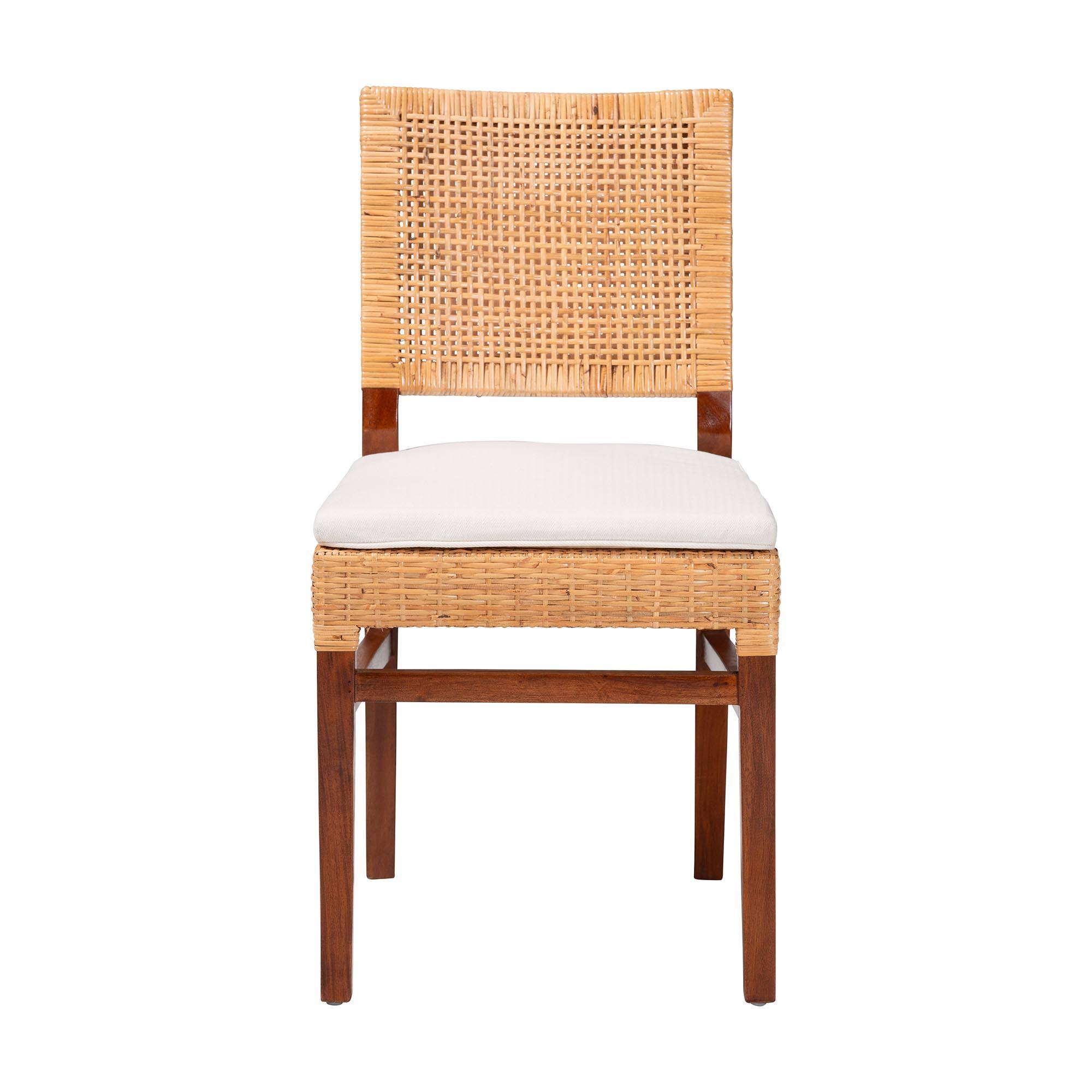 Angle. bali & pari - Lesia Natural Rattan Dining Chair with Cushion - Handwoven Wicker Side Chair with Mahogany Wood Frame - Light Honey/Walnut Brown.