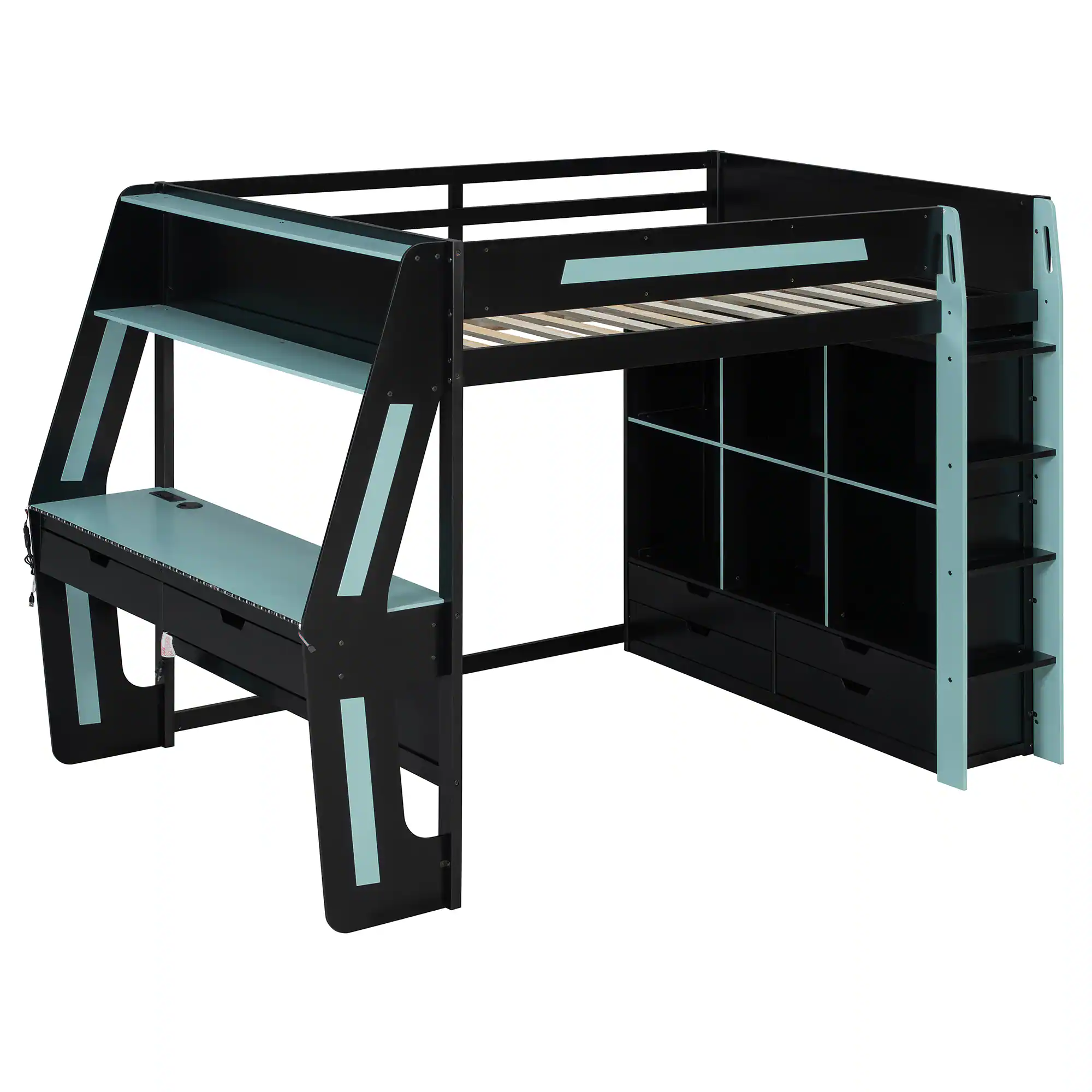 Alt View 1. Whisen - Full Size Gaming Loft Bed,Workstation Bed Frame with Built-in Desk,6 Storage Cubbies,USB Ports and RGB LED Lights - Black+Blue.