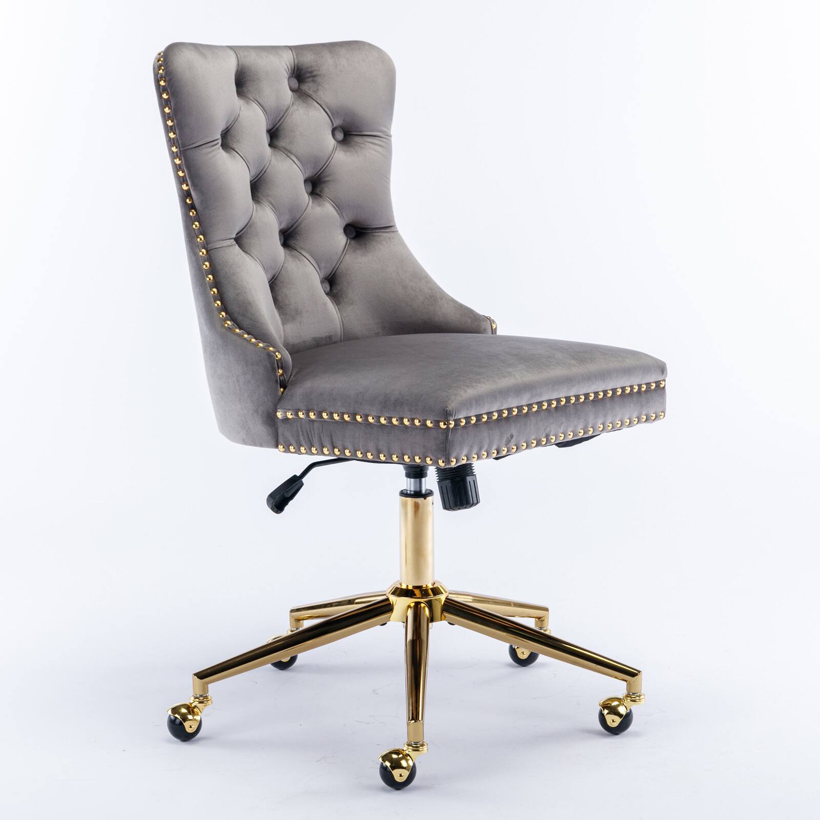 Spaco - Executive Office Velvet Chair with Tufted Button, Golden Metal Base, Adjustable Swivel, for Home Office - Gray
