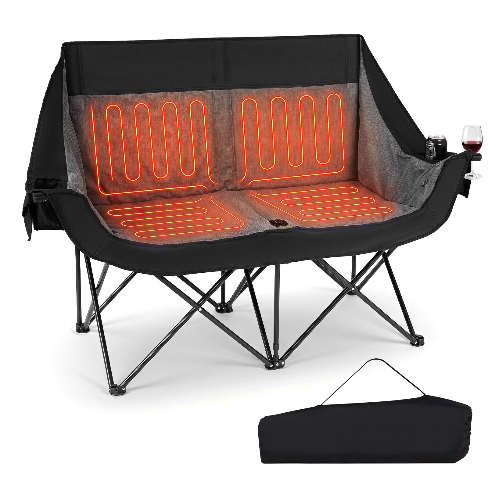 Alt View 9. Gymax - Gymax Heated Double Camping Chair w/4 Heating Zones & 3 Heat LevelsWine Glass Holders Black - Black.