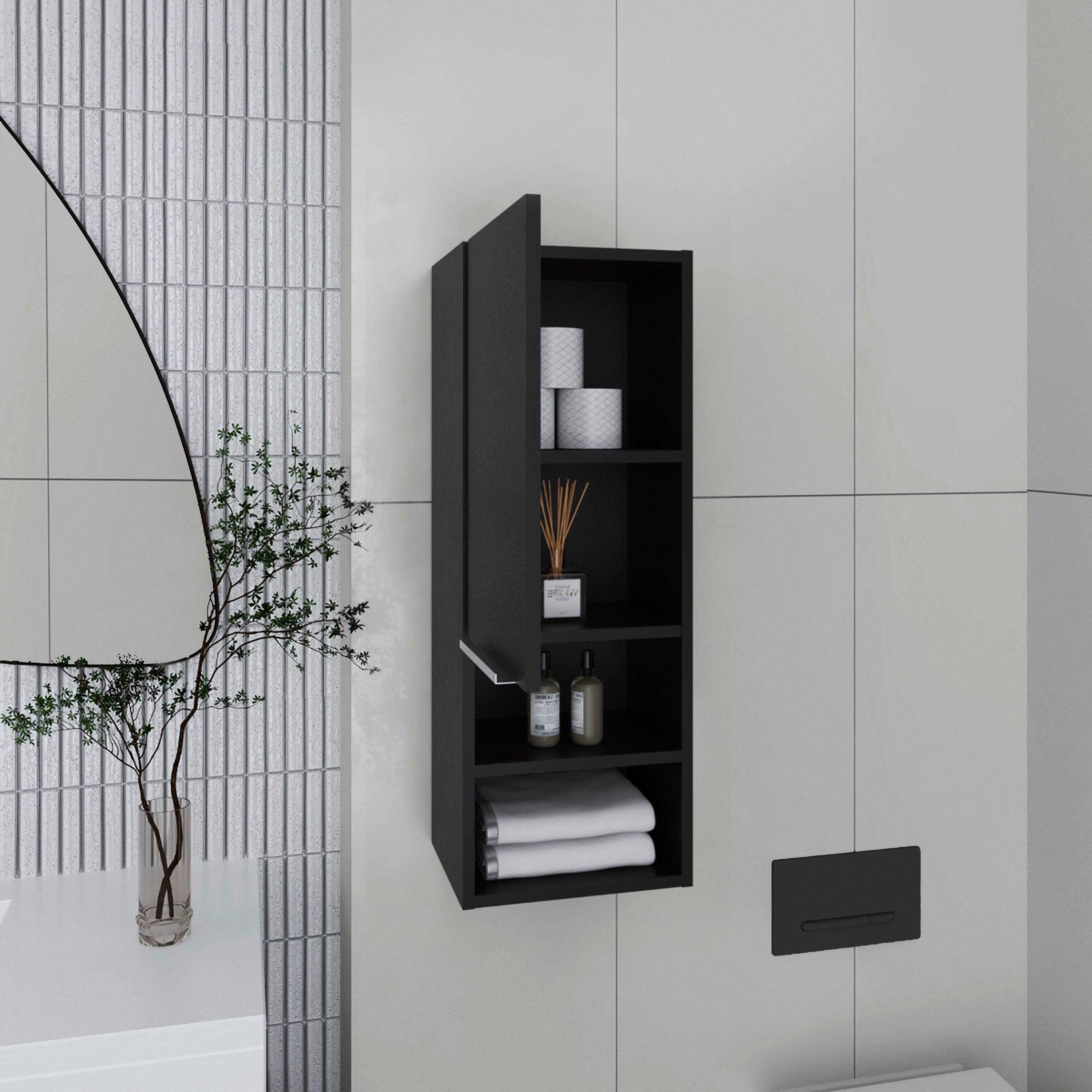 Left. TuHome - Mila Bathroom Cabinet, Two Interior Shelves, Two External Shelves, Single Door Cabinet - Black.