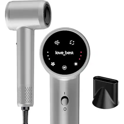 Front. Love Best - Hair Dryer with Touchscreen, Quiet Lightweight High-Speed Dryer with Magnetic Nozzle, Soft-Touch Matte Finish - Silver Gray.