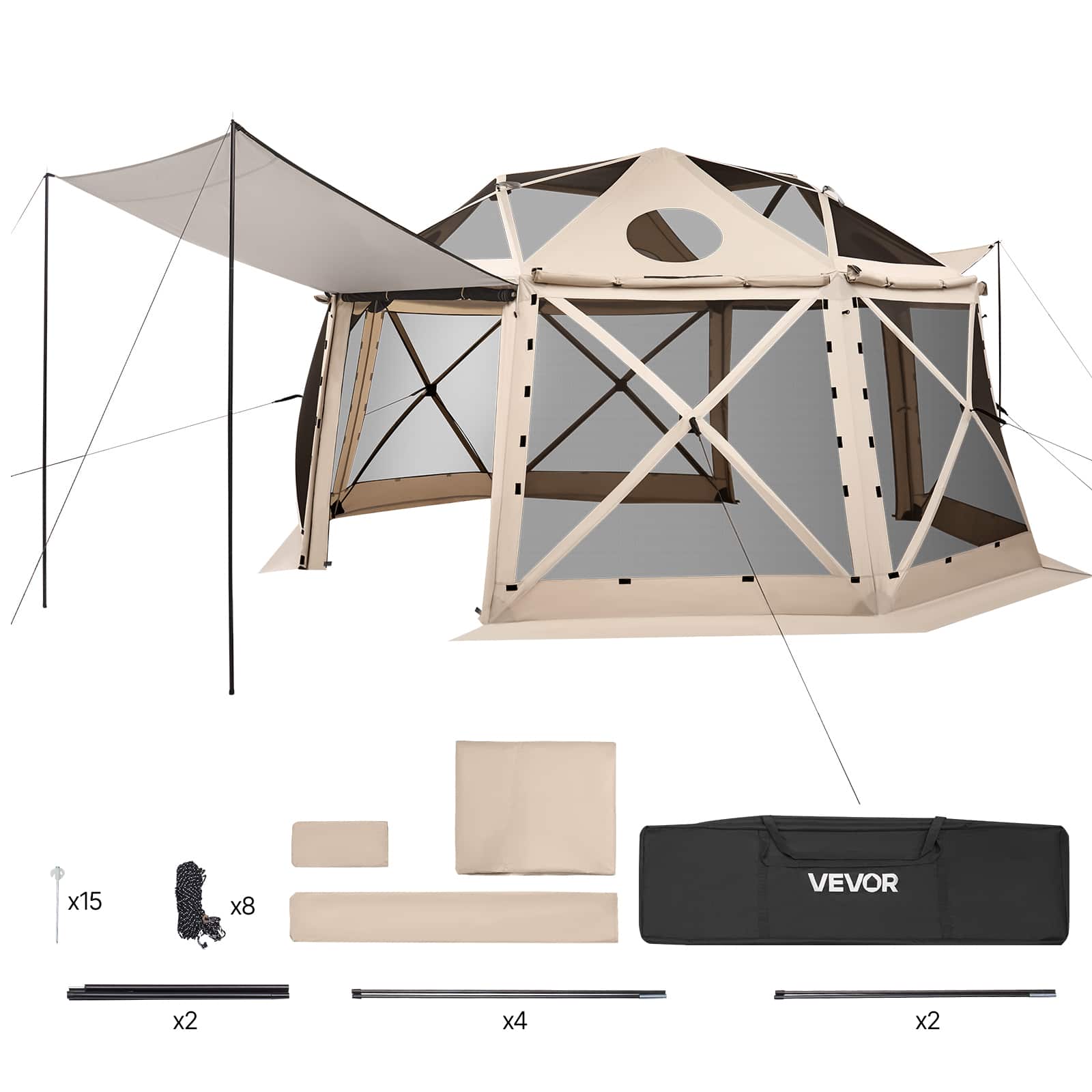 VEVOR - Pop up Gazebo Screen Tent, 15 x 15 ft, 13-Sided Spherical Camping Canopy Tent with Removable Top & Carry Bag, Quick-Set - Beige