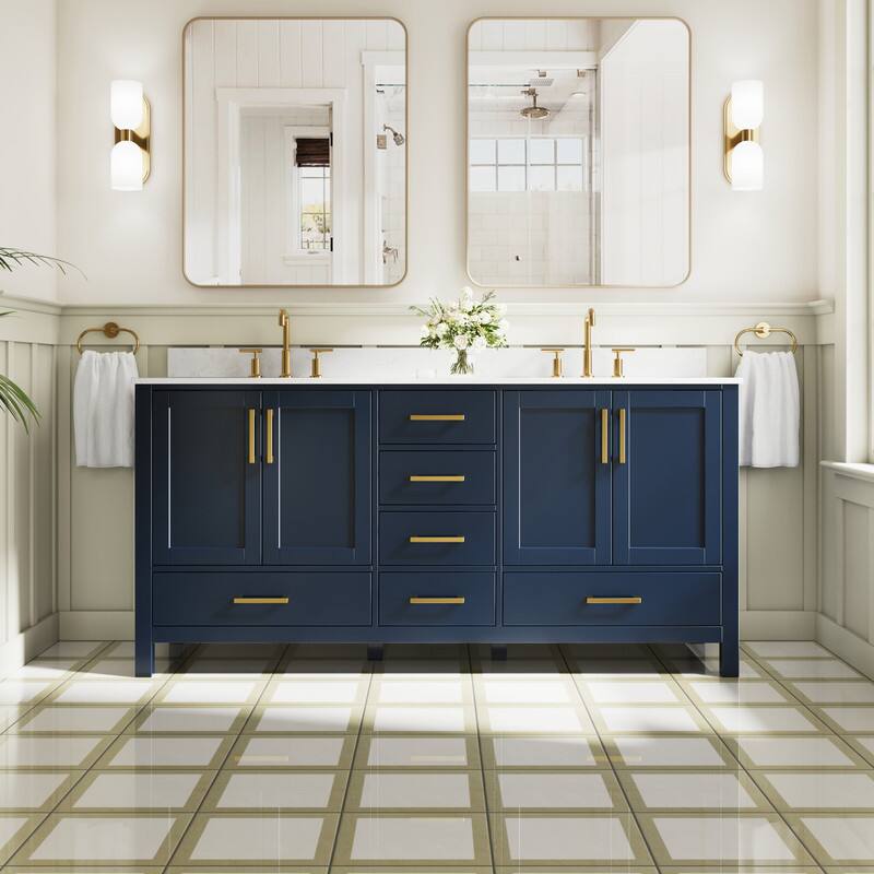WELLFOR - 72 in Bathroom Vanity with Double Sink, Freestanding Solid Wood Bathroom Cabinet with Soft-Close 4 Doors& 6 Drawers - Navy Blue price history on PriceWatchPro