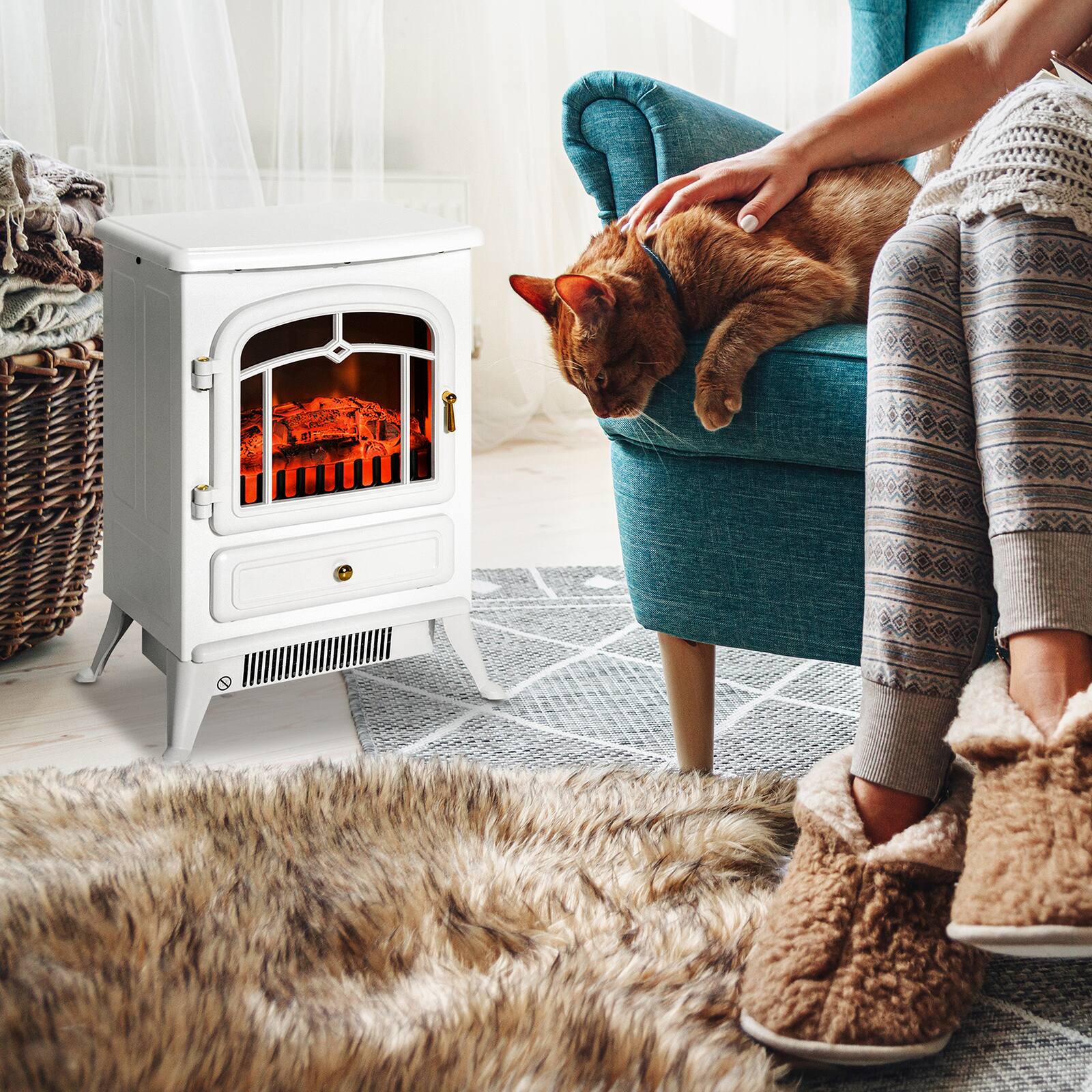 Alt View 1. Chateau Abodes - 22" Freestanding Electric Fireplace Heater with Realistic LED Flame & Logs, Overheat Protection, 725W/1450W - White.