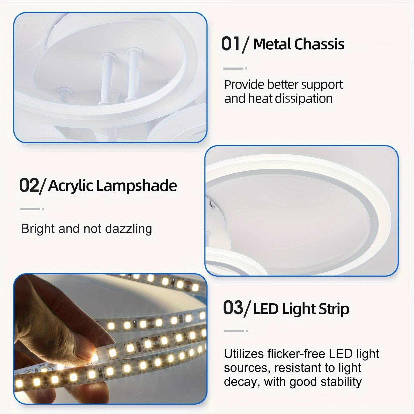 01/ Metal Chassis  
Provide better support and heat dissipation  

02/ Acrylic Lampshade  
Bright and not dazzling  

03/ LED Light Strip  
Utilizes flicker-free LED light sources, resistant to light decay, with good stability