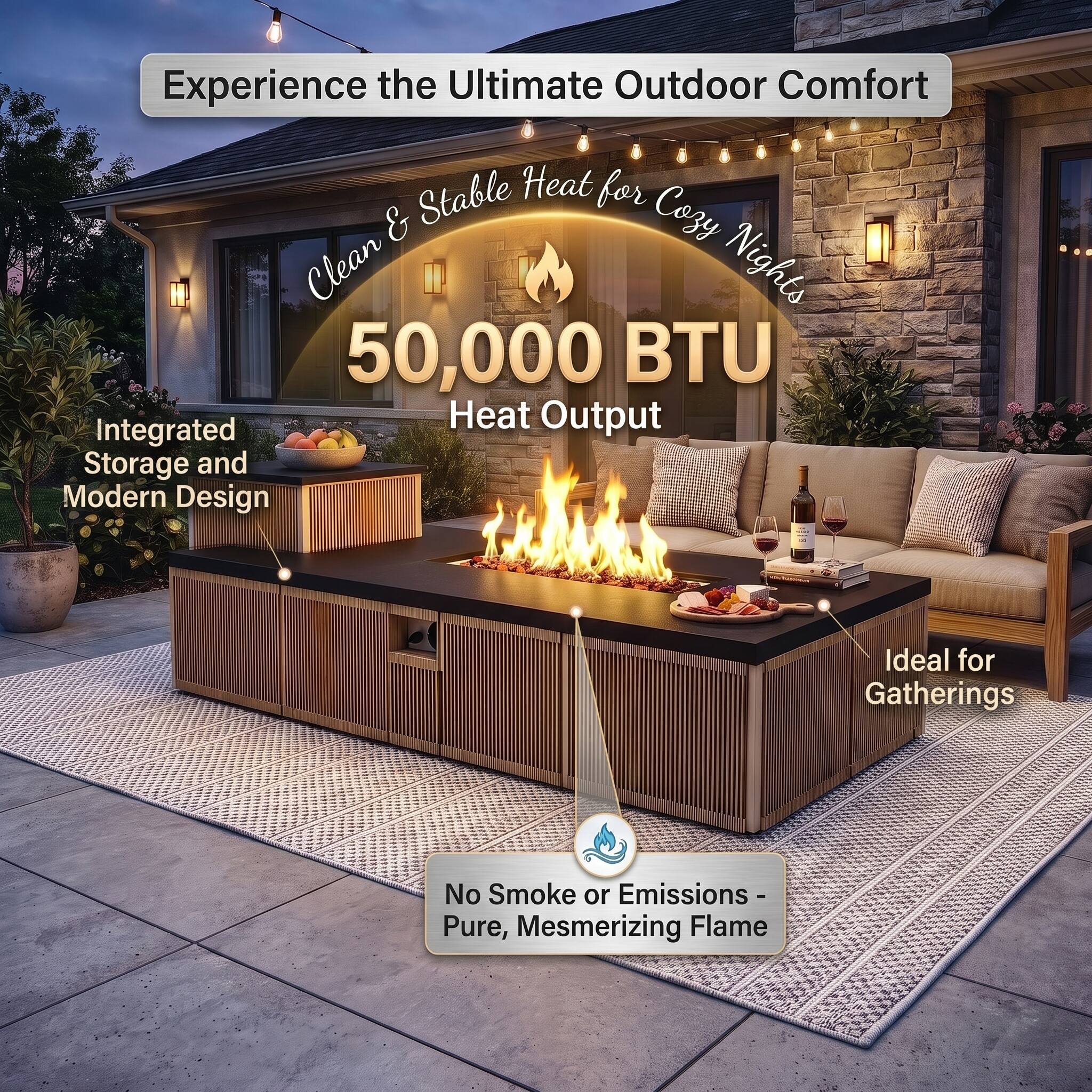 Experience the Ultimate Outdoor Comfort  
Clean & Stable Heat for Cozy Nights  
50,000 BTU Heat Output  
Integrated Storage and Modern Design  
Ideal for Gatherings  
No Smoke or Emissions - Pure, Mesmerizing Flame