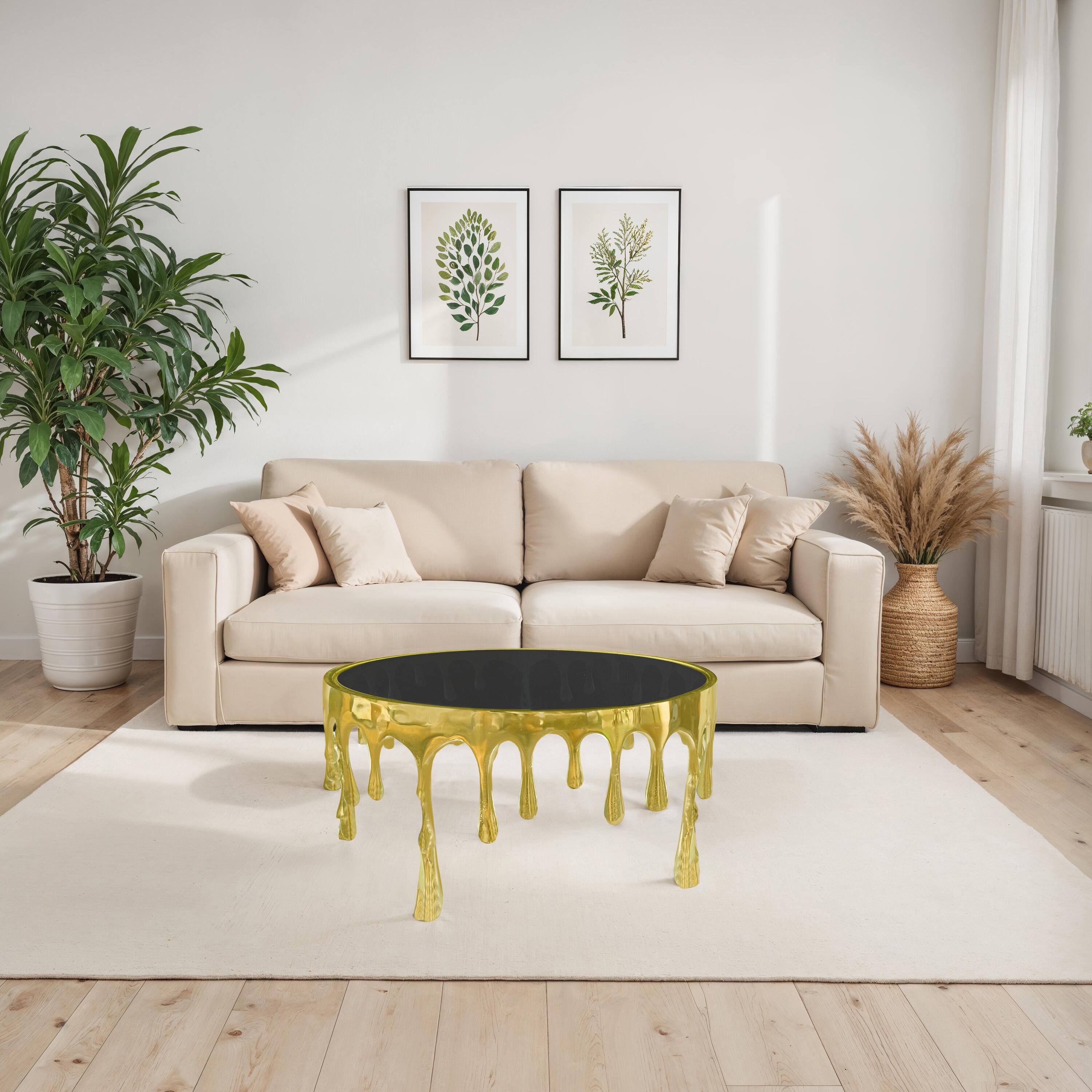 Alt View 8. Manhattan Lane - Capri Coffee Table | 36 Inch Round Glass Top | Melting Drip Design - Gold, Black.