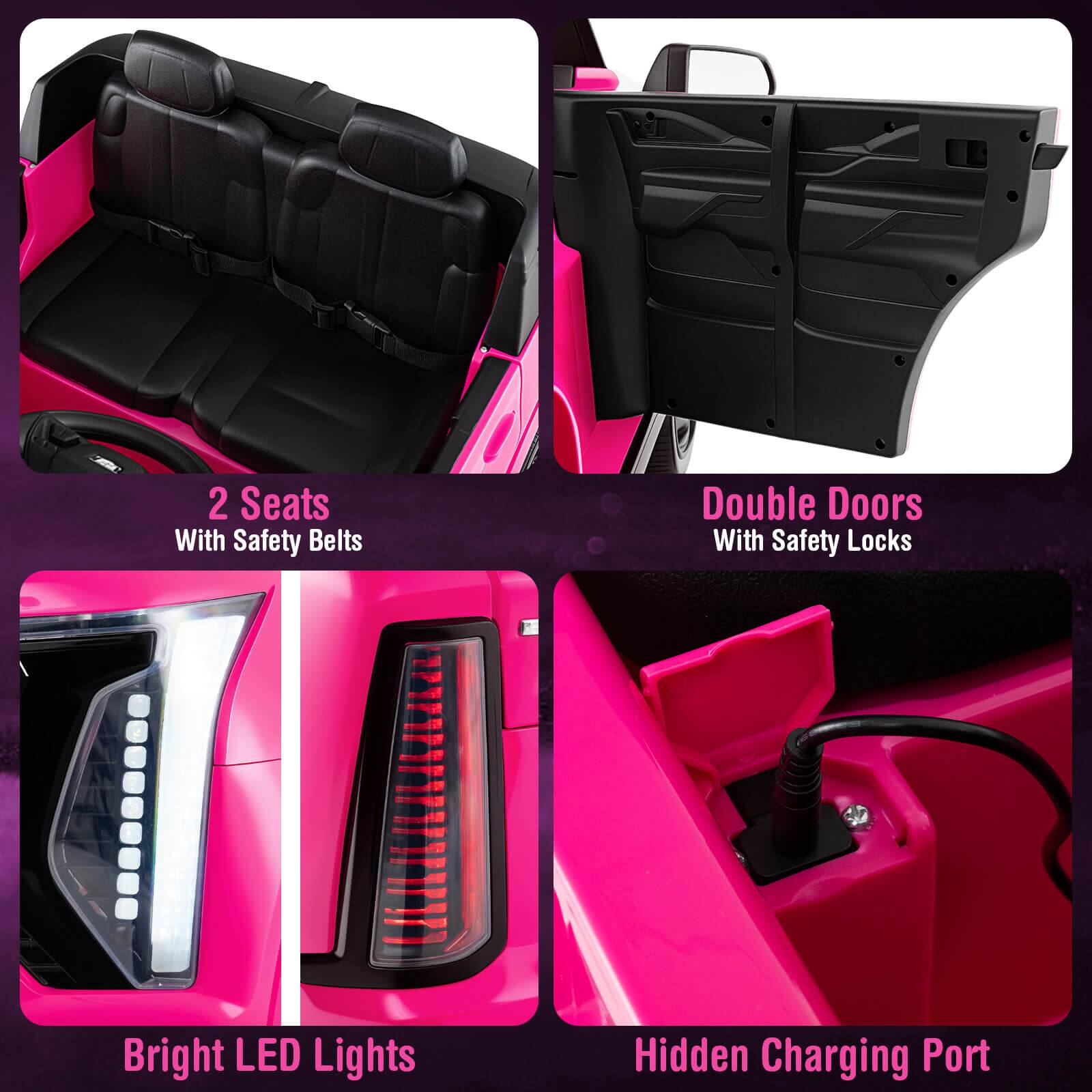 2 Seats With Safety Belts  
Double Doors With Safety Locks  
Bright LED Lights  
Hidden Charging Port