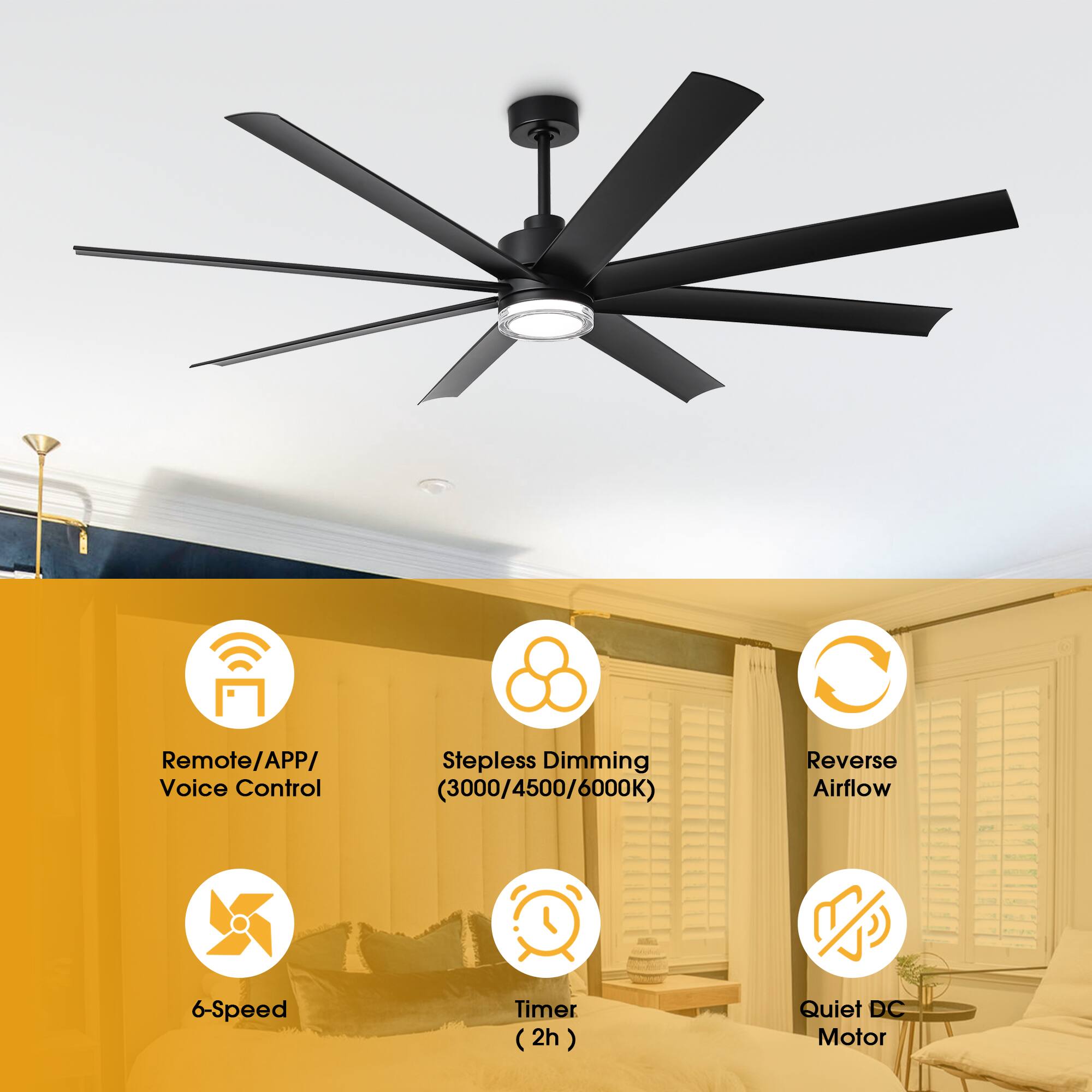 - Remote/APP/Voice Control
- Stepless Dimming (3000/4500/6000K)
- Reverse Airflow
- 6-Speed
- Timer (2h)
- Quiet DC Motor