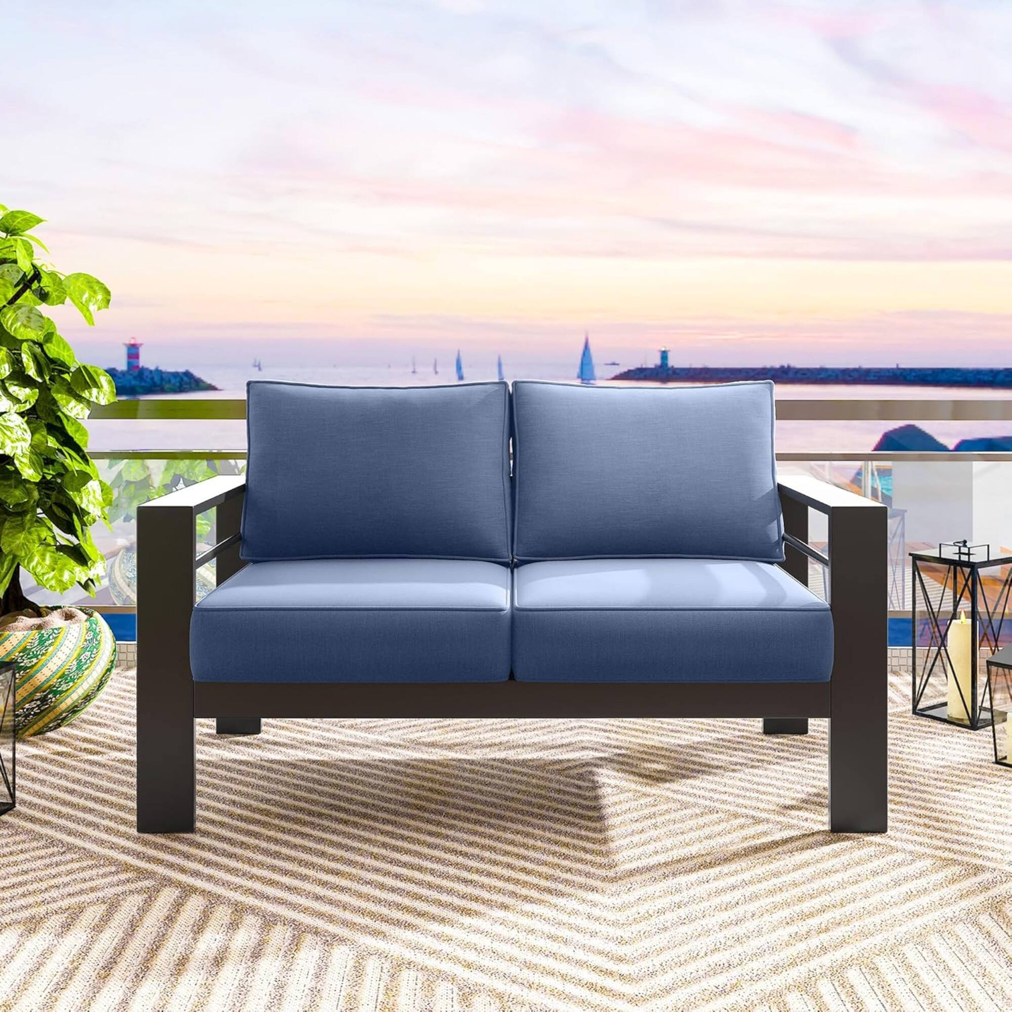 Angle. Mondawe - 50" All-Weather Aluminum Patio Loveseat with Cushions - Black+Blue.