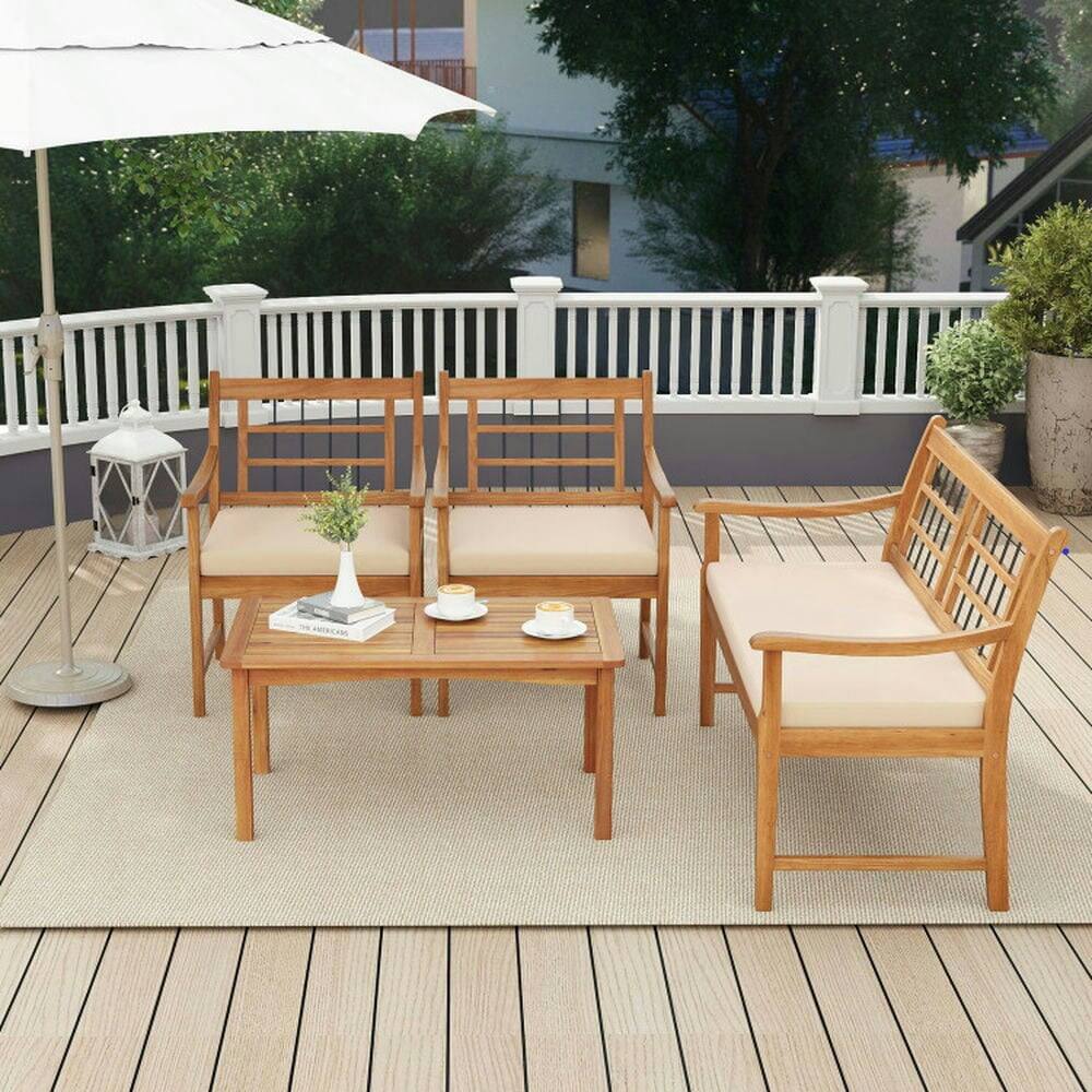 Angle. Pefilos - 4 Piece Acacia Wood Patio Furniture with Armchairs Loveseat and Coffee Table, Patio Conversation Set - White.