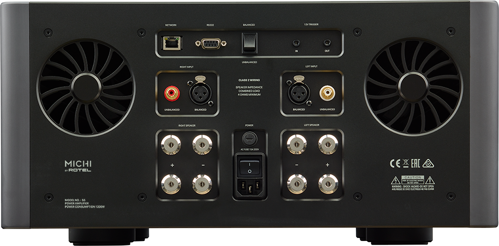 The text on the image reads:

NETWORK 8232 BALANCED VTHO IN OUT WOHT INPUT UNBALANCED LEFT INPUT AH CLASS 2 WIRING PPJE SPEAKER IMPEDANCE COMBINED LOAD 4 OHMS MINIMUM UNIBALANCEO BALANCED BALANCED UNBALANCED BOIT SPEAKR POWER LEFT SPEAKER AC FUTE 350m MICHI a ROTEL - EAC CAUTION SHOOK PIAZARO-00 N CPEN 2 ORE MODEL NO. 55 POWER AMPUPIER POWER CONSUMPTION 1200W