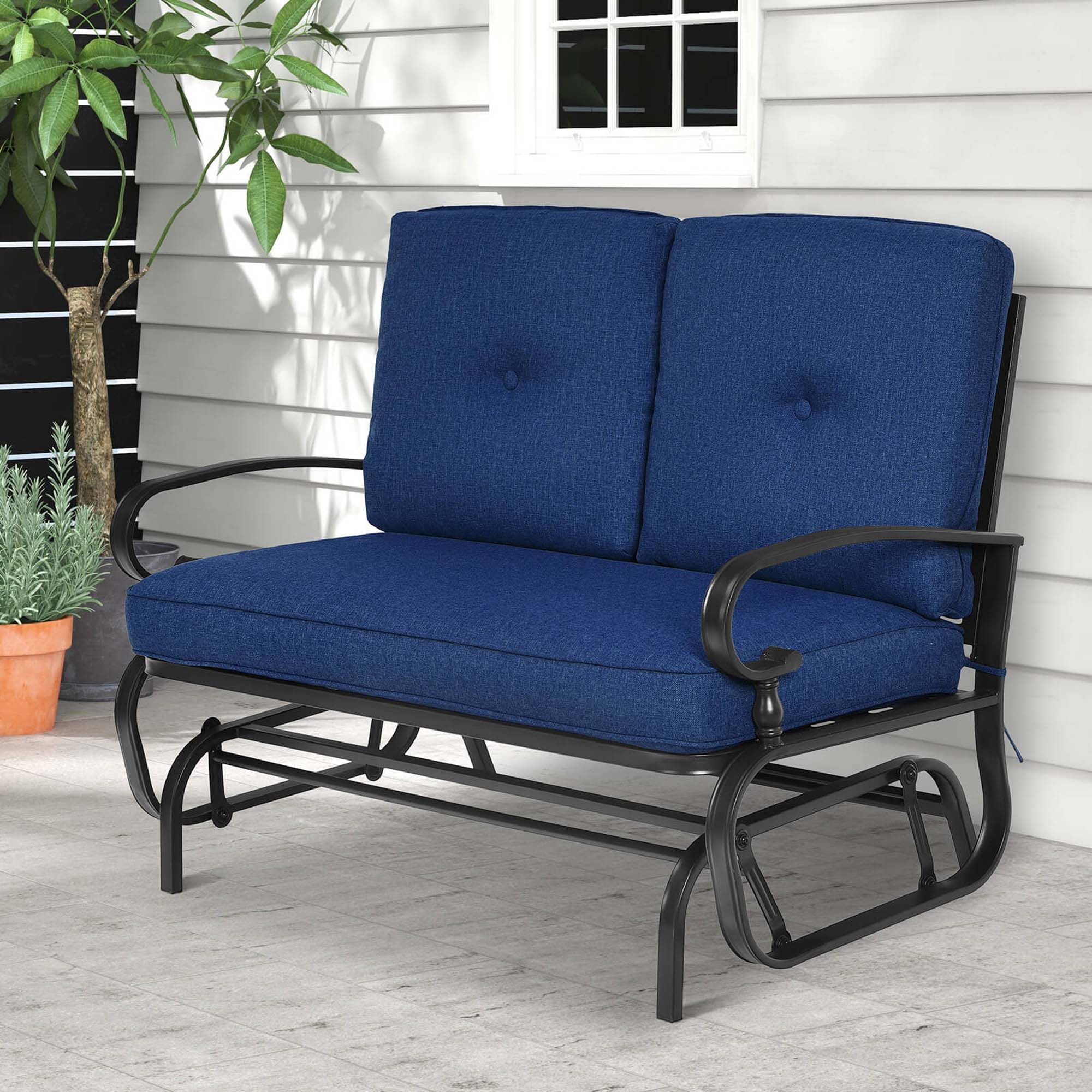 Alt View 7. Costway - Glider Outdoor Patio Rocking Bench Loveseat Cushioned Seat Steel Frame - Navy.