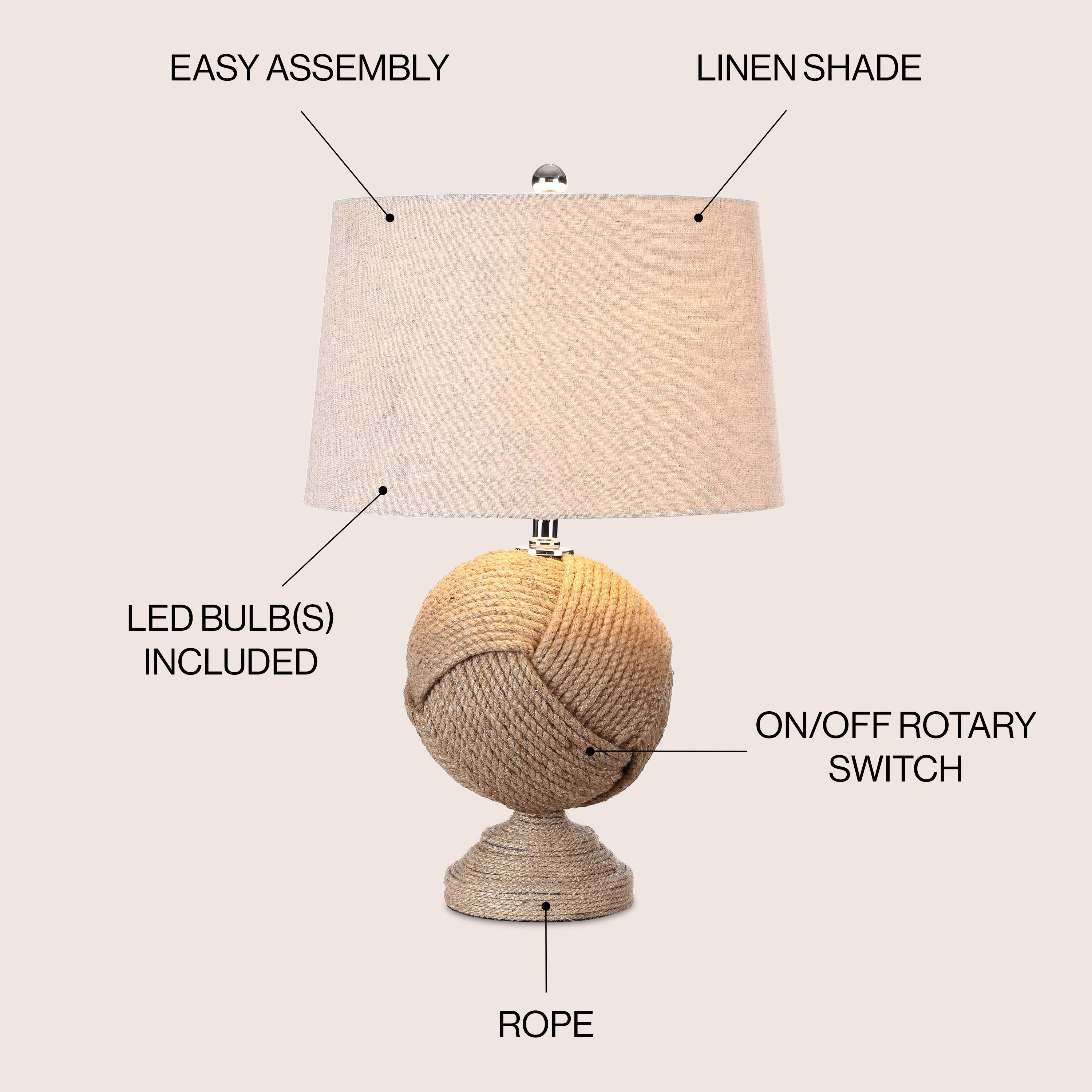 EASY ASSEMBLY  
LINEN SHADE  
LED BULB(S) INCLUDED  
ON/OFF ROTARY SWITCH  
ROPE