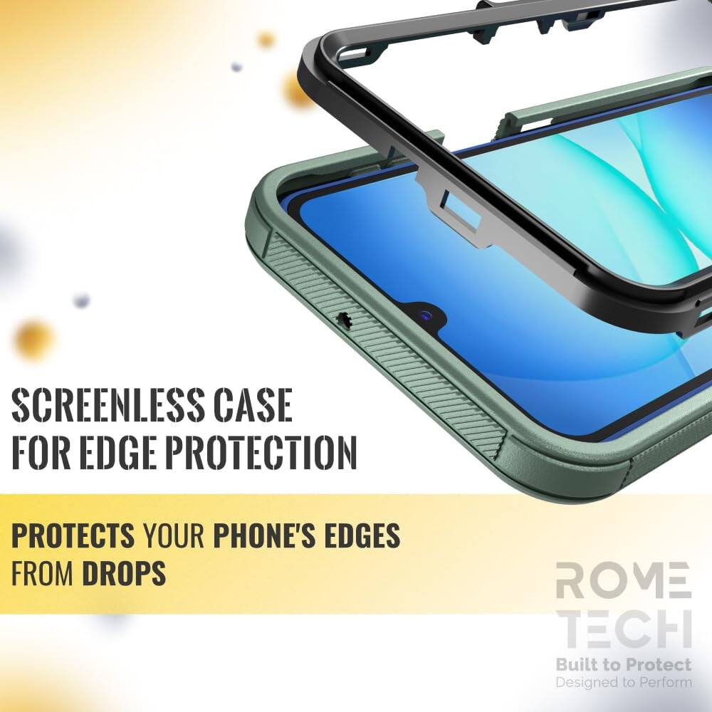 SCREENLESS CASE FOR EDGE PROTECTION  
PROTECTS YOUR PHONE'S EDGES FROM DROPS  

ROME TECH  
Built to Protect  
Designed to Perform