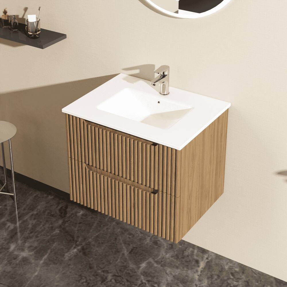 Alt View 2. Kadyn - 24" Wall-Mount Floating Bathroom Vanity Cabinet - White Basin Sink Combo, Walnut - Brown.