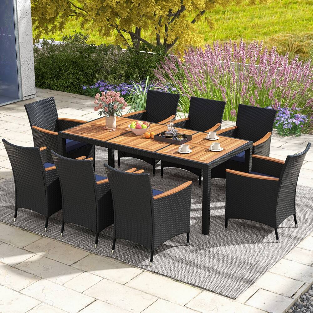 Angle. Mondawe - 9 Pieces Outdoor Dining Set with Acacia Wood Tabletop for Garden - Navy.