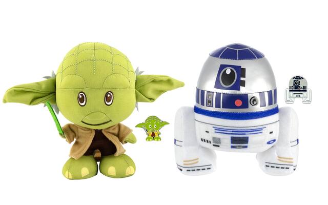 Front. Star Wars - Star Wars Baby Yoda and R2-D2 Stylized 7 Inch Plush Set of 2 With Enamel Pins.