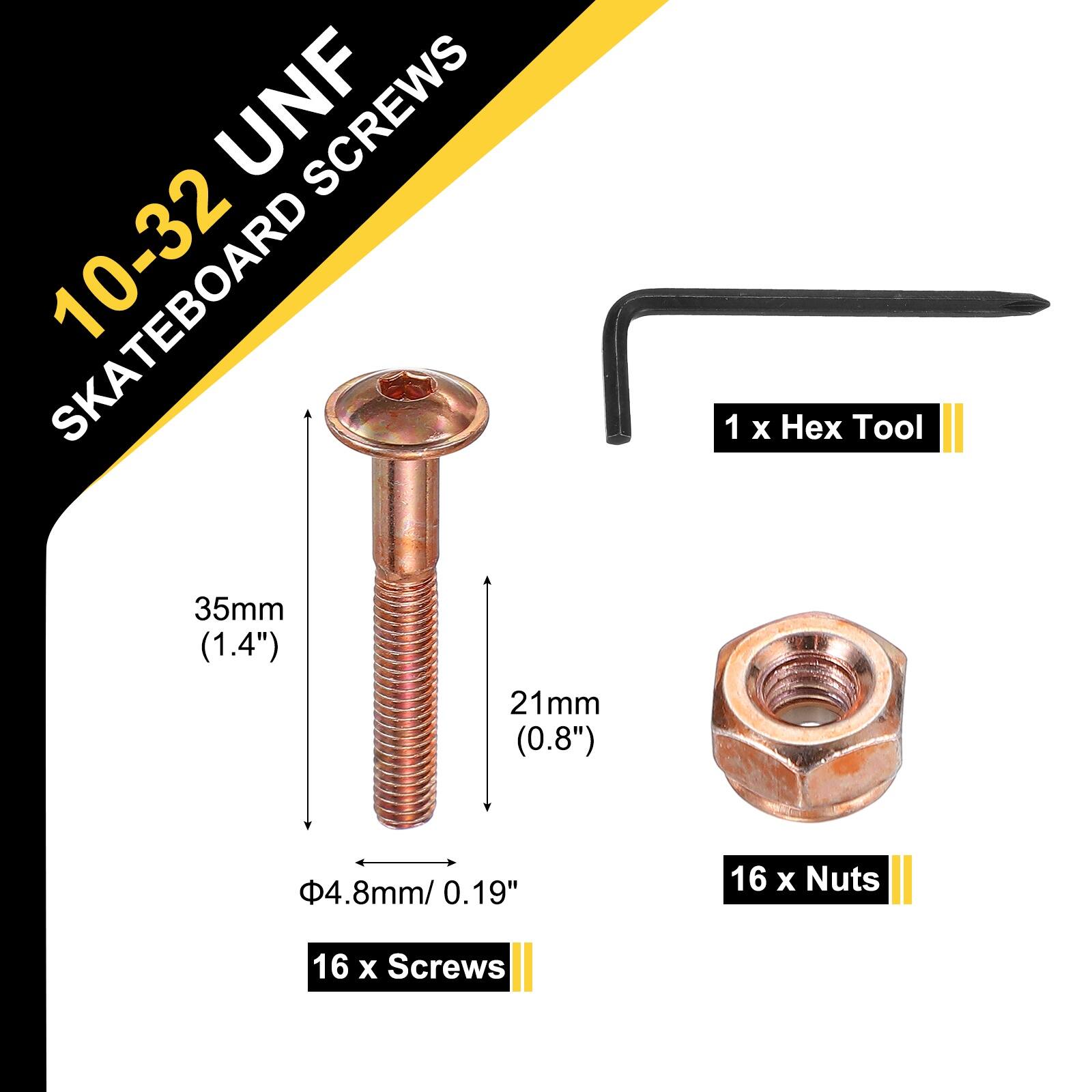 10-32 UNF SKATEBOARD SCREWS

- 1 x Hex Tool
- 16 x Screws
- 16 x Nuts

35mm (1.4")
21mm (0.8")
Φ4.8mm/ 0.19"