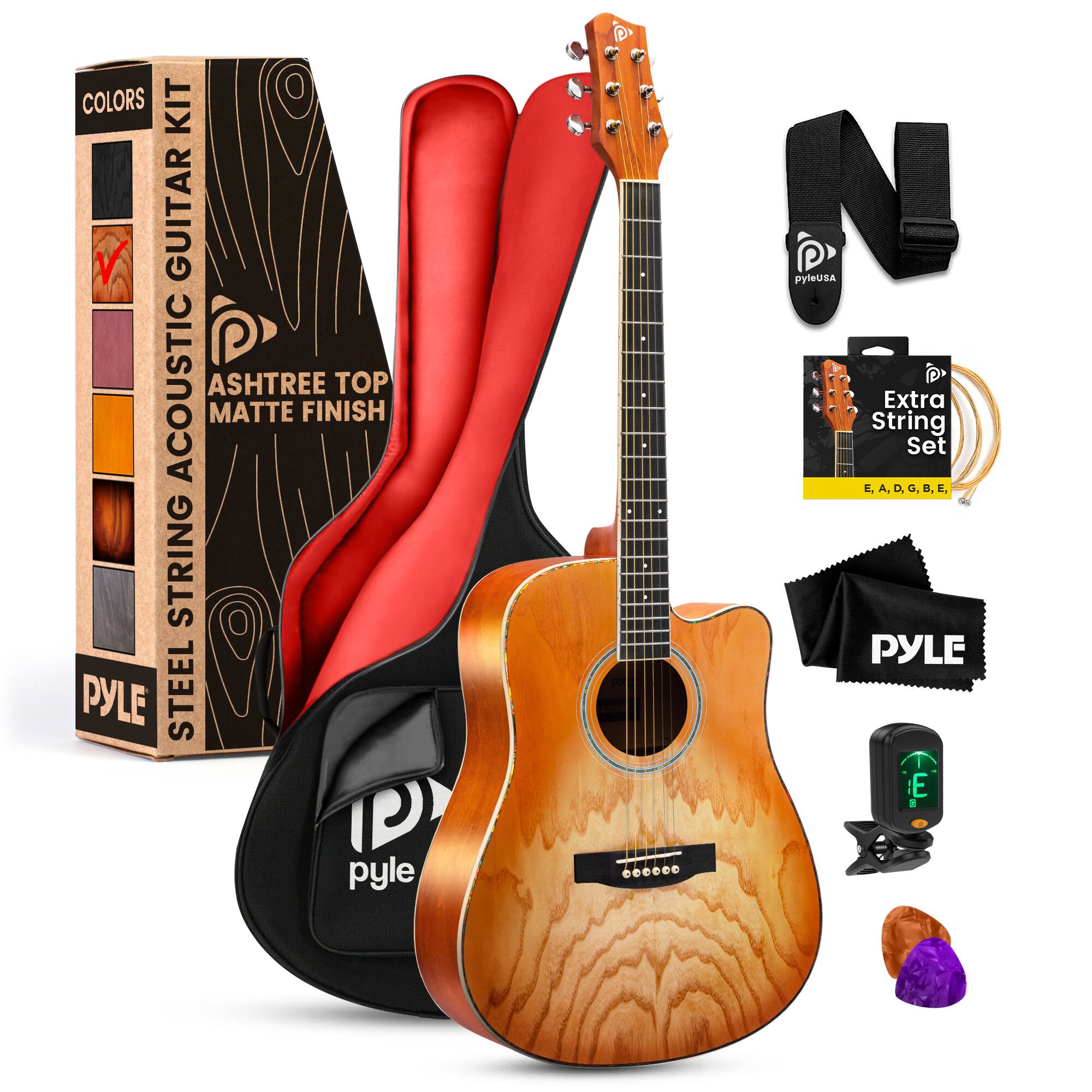 COLORS  
STEEL STRING ACOUSTIC GUITAR KIT  
ASHTREE TOP MATTE FINISH  
PYLE  

Extra String Set  
E, A, D, G, B, E  

PYLE USA