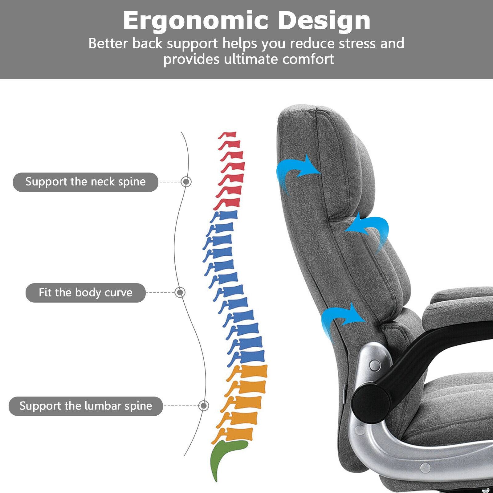 Ergonomic Design  
Better back support helps you reduce stress and provides ultimate comfort

- Support the neck spine
- Fit the body curve
- Support the lumbar spine