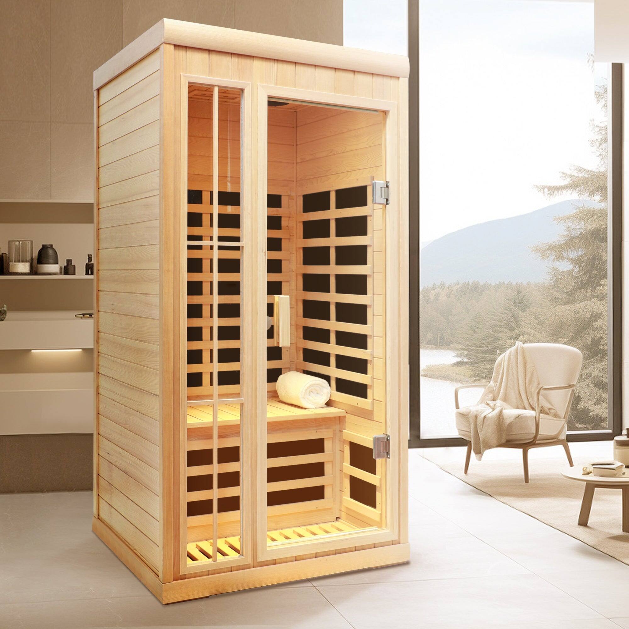 Alt View 2. Boyel Living - One Person Infrared Hemlock Sauna with APP and LED Color Light Control - Natural.