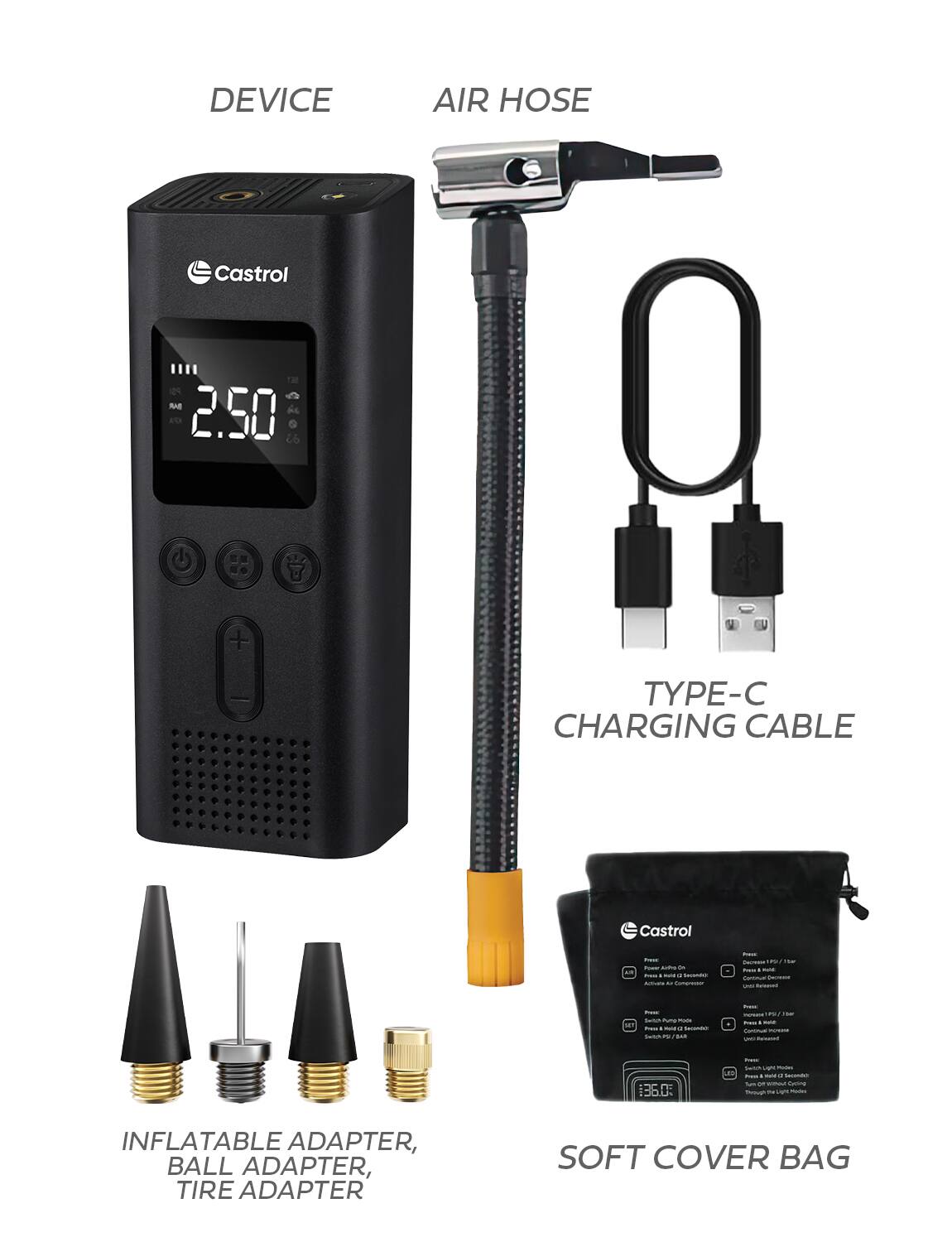 DEVICE  
AIR HOSE  
TYPE-C CHARGING CABLE  
INFLATABLE ADAPTER, BALL ADAPTER, TIRE ADAPTER  
SOFT COVER BAG