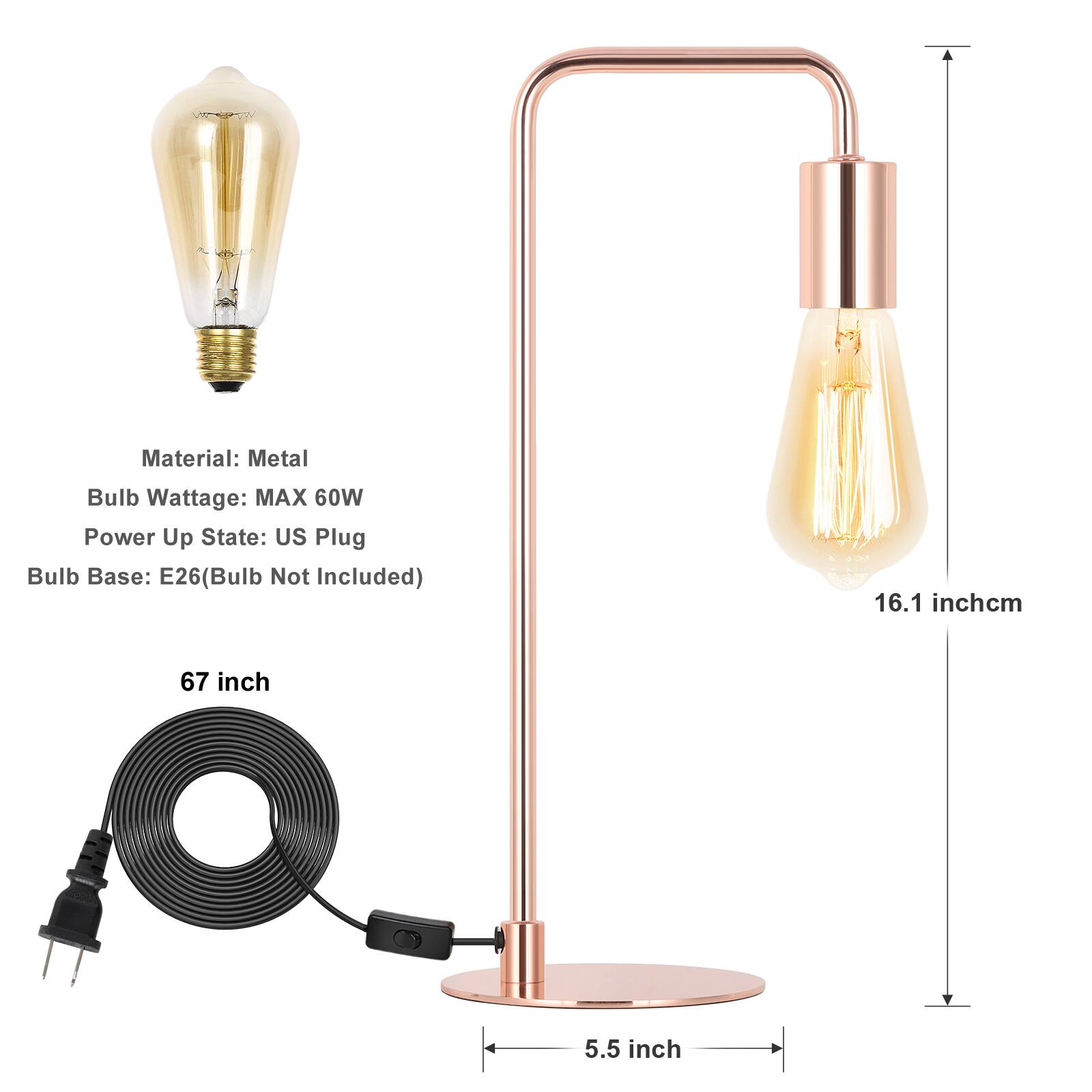 Material: Metal  
Bulb Wattage: MAX 60W  
Power Up State: US Plug  
Bulb Base: E26 (Bulb Not Included)  

Dimensions:  
- Height: 67 inch  
- Diameter: 5.5 inch  
- Bulb Diameter: 16.1 inch/cm