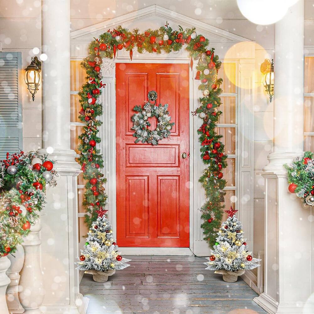 Left. RTMB - 2ft Pre-Lit Snowy Tabletop Christmas Tree with LED Lights, Flocked Pine, Burlap Base for Indoor Home Decor - White.