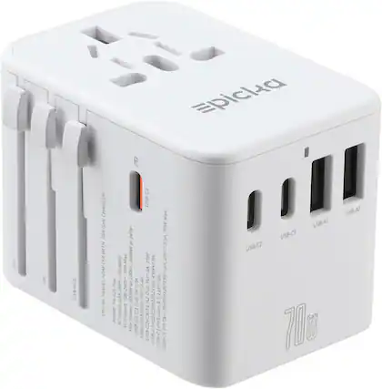 Epicka PD 72 UK USA/AUS CHARGER GaN MOI WITH ADAPTER TRAVEL EPICKA USB-C TO W MAX AT 240V-AT 2400W MST 20V-3.5A 50-60Hz IOA 100V-145W+15W Pro 4A 100-240V-100-240V-Out Out Model TA-105 T input Output 1000W at Power: OutSV3A C/c3 Out Out:SV2 USB-C+CJ/AUA2Ou USB-C1+C2/C3/A1/A2 Out:33-11V.5A ut:5V/9V/12V/15Vm3A AC AC Max USB-A1/A2 PPS PD USB-C CI USB-CI USB-CI USB-AI USB-C3 USB-C2 GaN 70s QU US8-A2