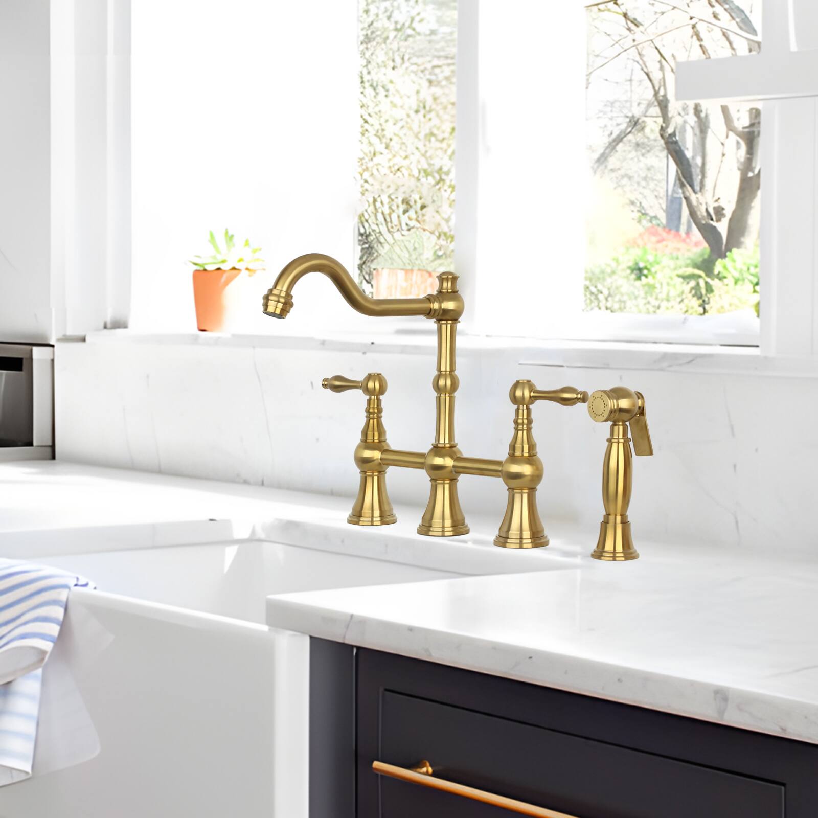 Alt View 5. Akicon - Akicon Solid Brass Bridge Kitchen Faucets with Side Sprayer 2 Lever Handles in Brushed Gold - Brushed Gold.