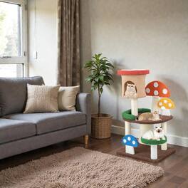 BreeBe - 4-in-1 Mushroom-Style Cat Tower with Cozy Condo, Spring Toy & Sisal Scratch Posts - Multicolor
