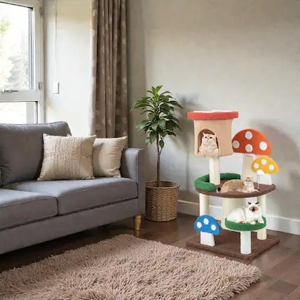 Front. BreeBe - 4-in-1 Mushroom-Style Cat Tower with Cozy Condo, Spring Toy & Sisal Scratch Posts - Multicolor.