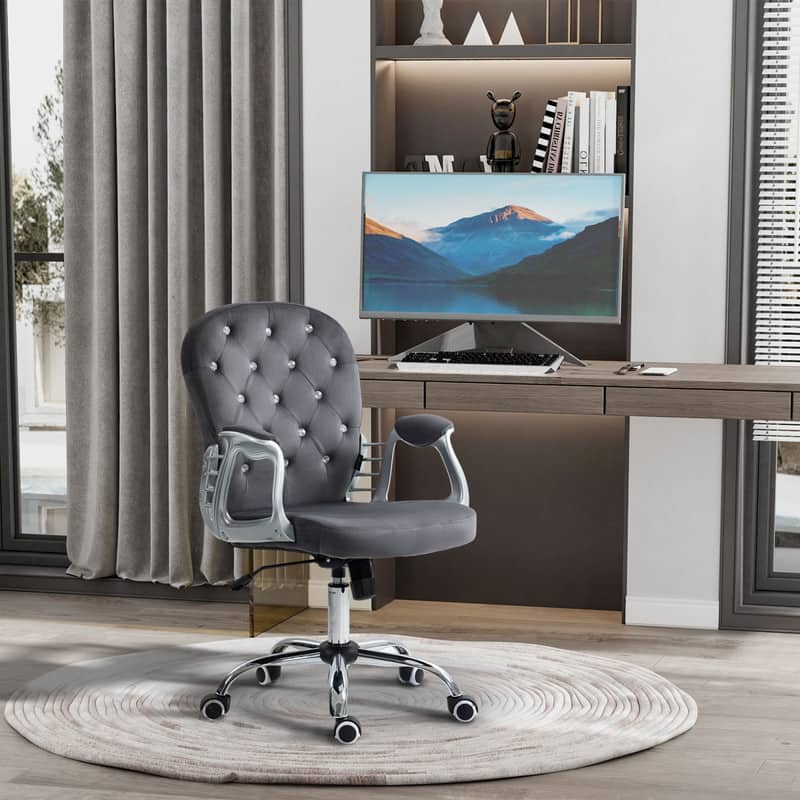 HTUTWOO - Velvet Tufted Home Office Chair, Adjustable Height 360° Swivel Desk Chair with Padded Armrests,for Home Office & Study - Gray