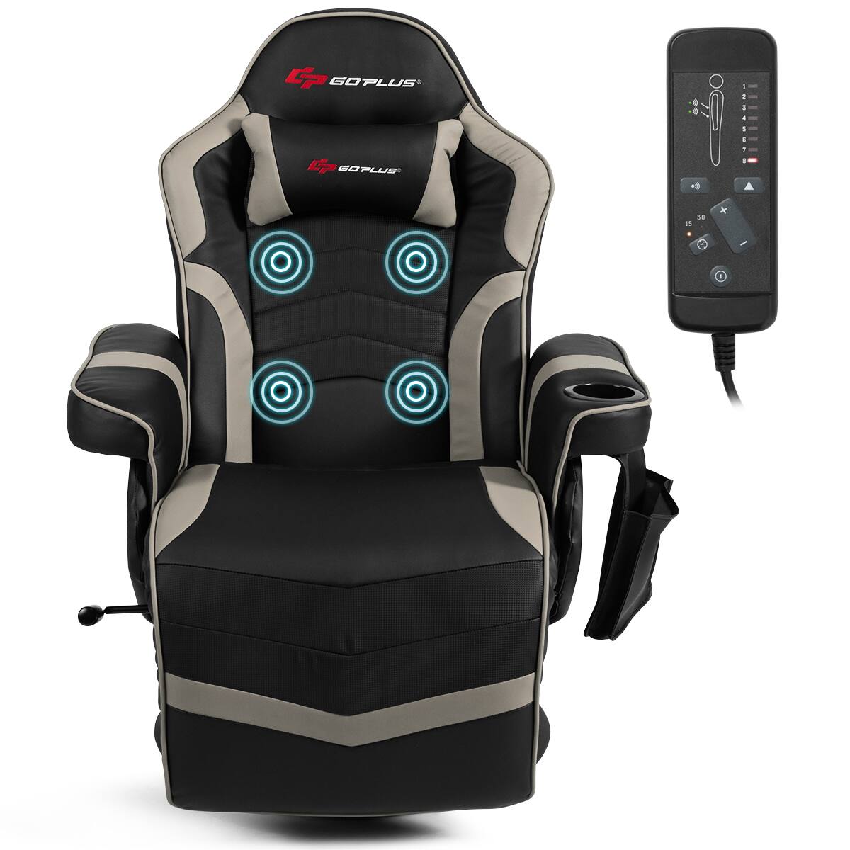 GOPLUS - Black and grey gaming chair with a remote control.