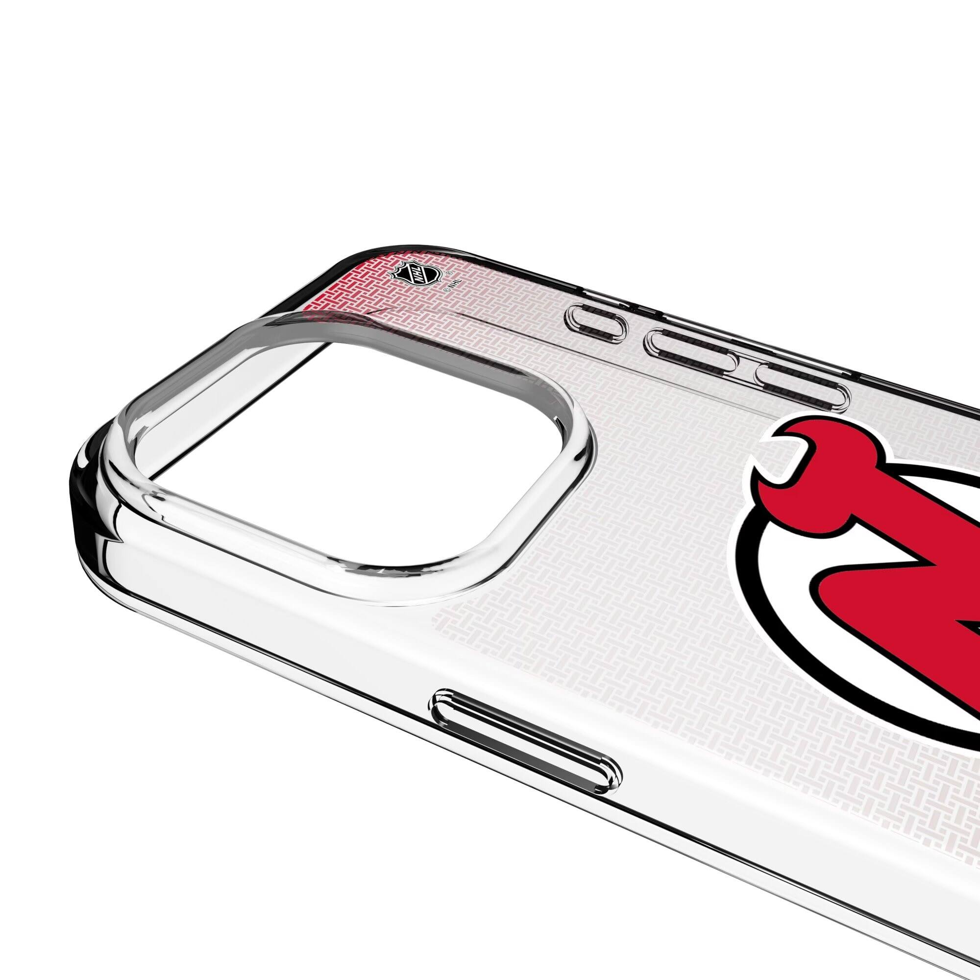Alt View 2. Keyscaper - New Jersey Devils Linen Logo iPhone Clear Case - 13 mini - Multicolor.