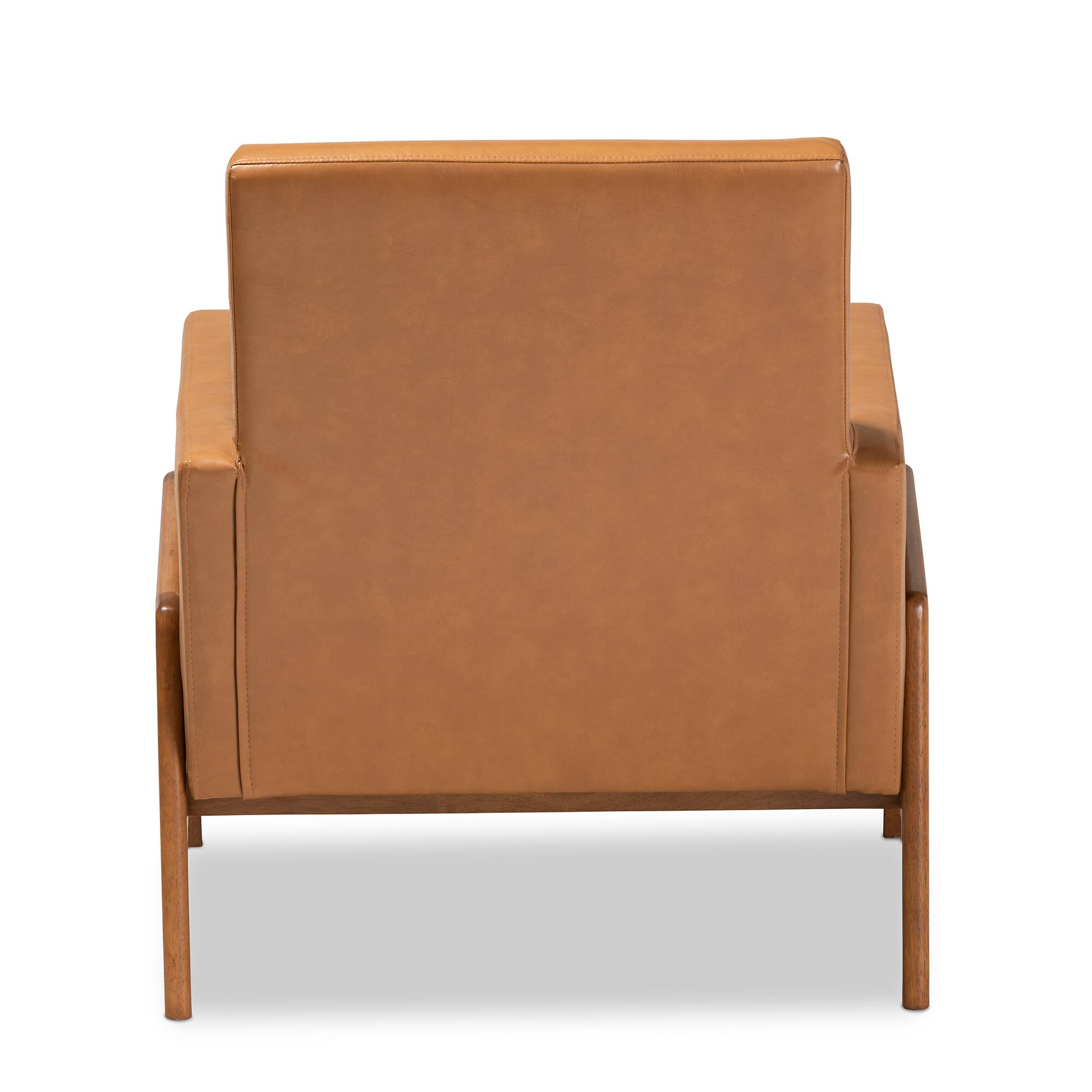 Back. Baxton Studio - Perris Mid-Century Modern Tan Faux Leather Upholstered and Walnut Finished Wood Lounge Chair - Tan/walnut brown.