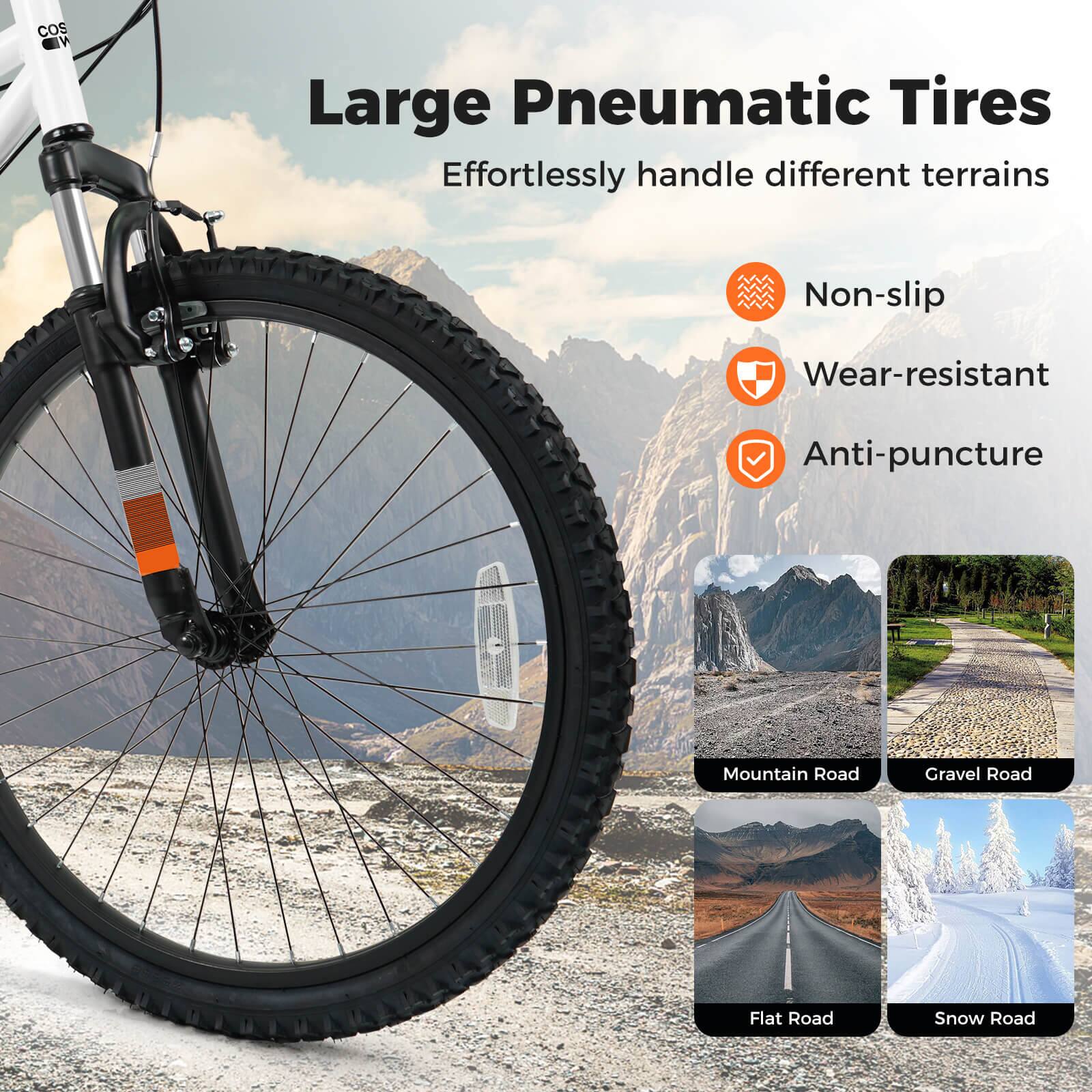 Large Pneumatic Tires  
Effortlessly handle different terrains

- Non-slip
- Wear-resistant
- Anti-puncture

Mountain Road  
Gravel Road  
Flat Road  
Snow Road