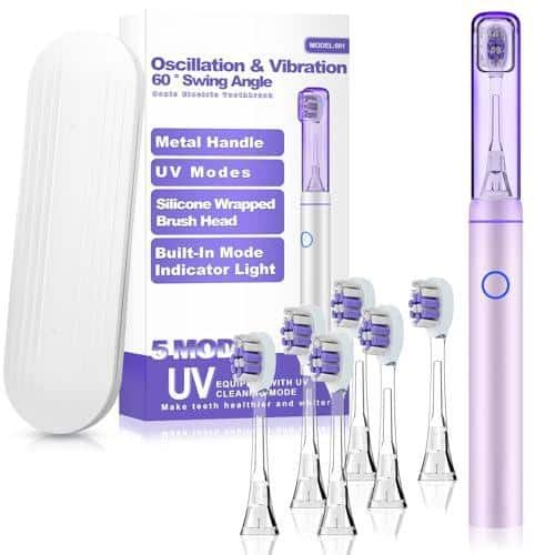 Cozy Serene - Metal Electric Toothbrush With Uv Mode Vibration And Oscillation For Adults 6 Brush Heads & Travel - Rose