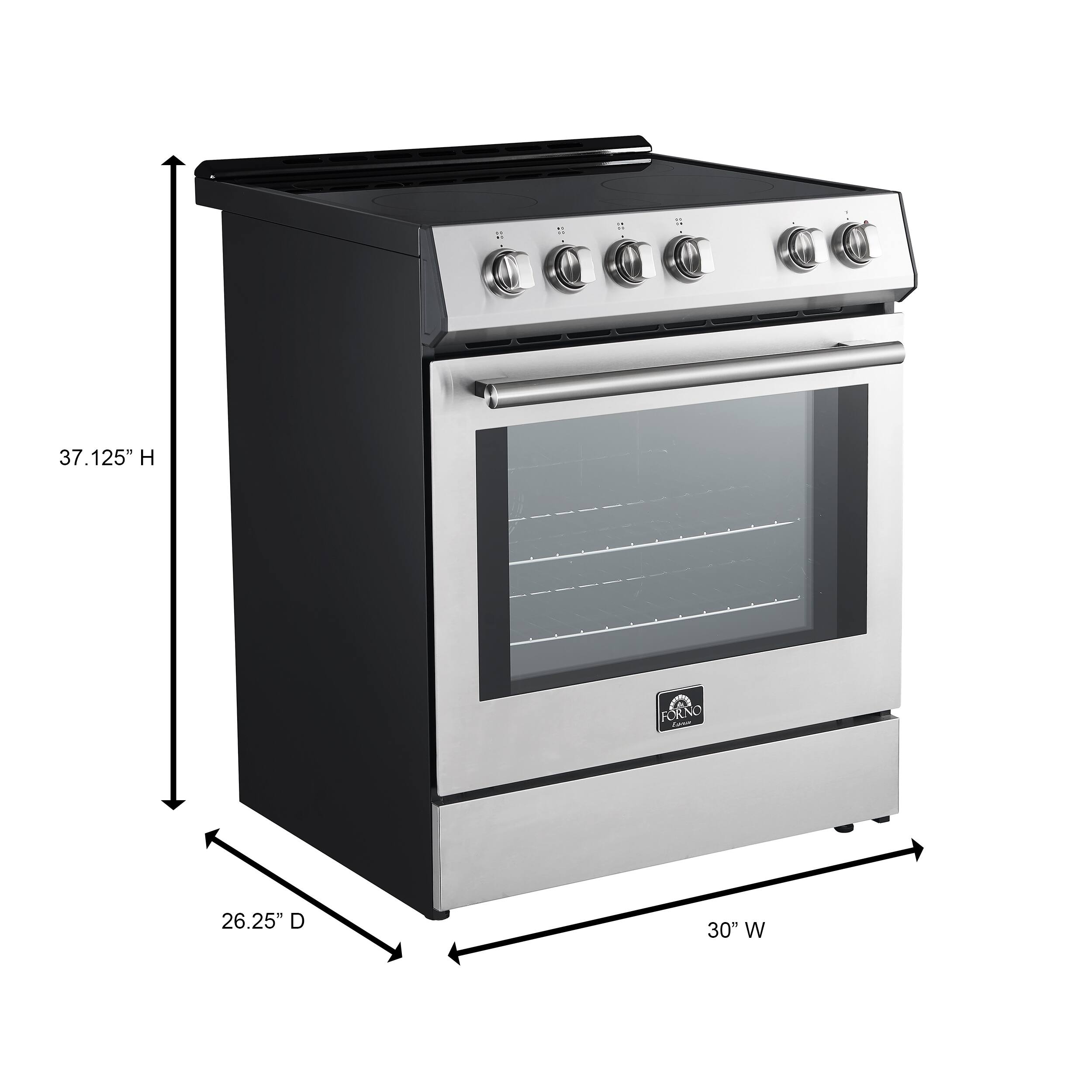 Angle. Forno Appliances - Leonardo Espresso 5.0 cu. ft. Slide-In Oven Electric Convection Range in Stainless-Steel with Antique Brass Accents - Stainless steel.