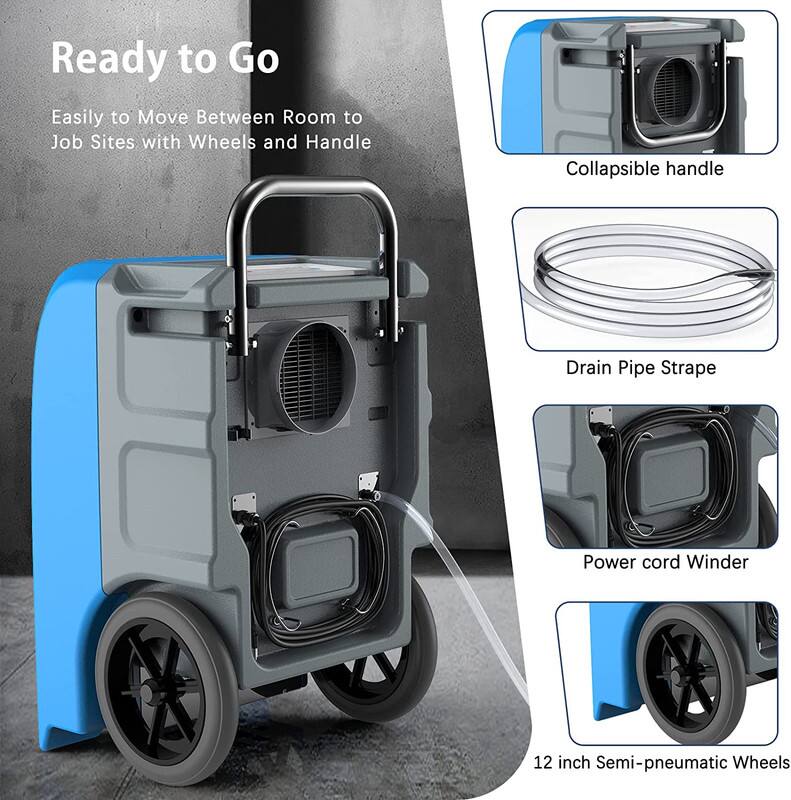 Ready to Go

Easily to Move Between Room to Job Sites with Wheels and Handle

- Collapsible handle
- Drain Pipe Strape
- Power cord Winder
- 12 inch Semi-pneumatic Wheels