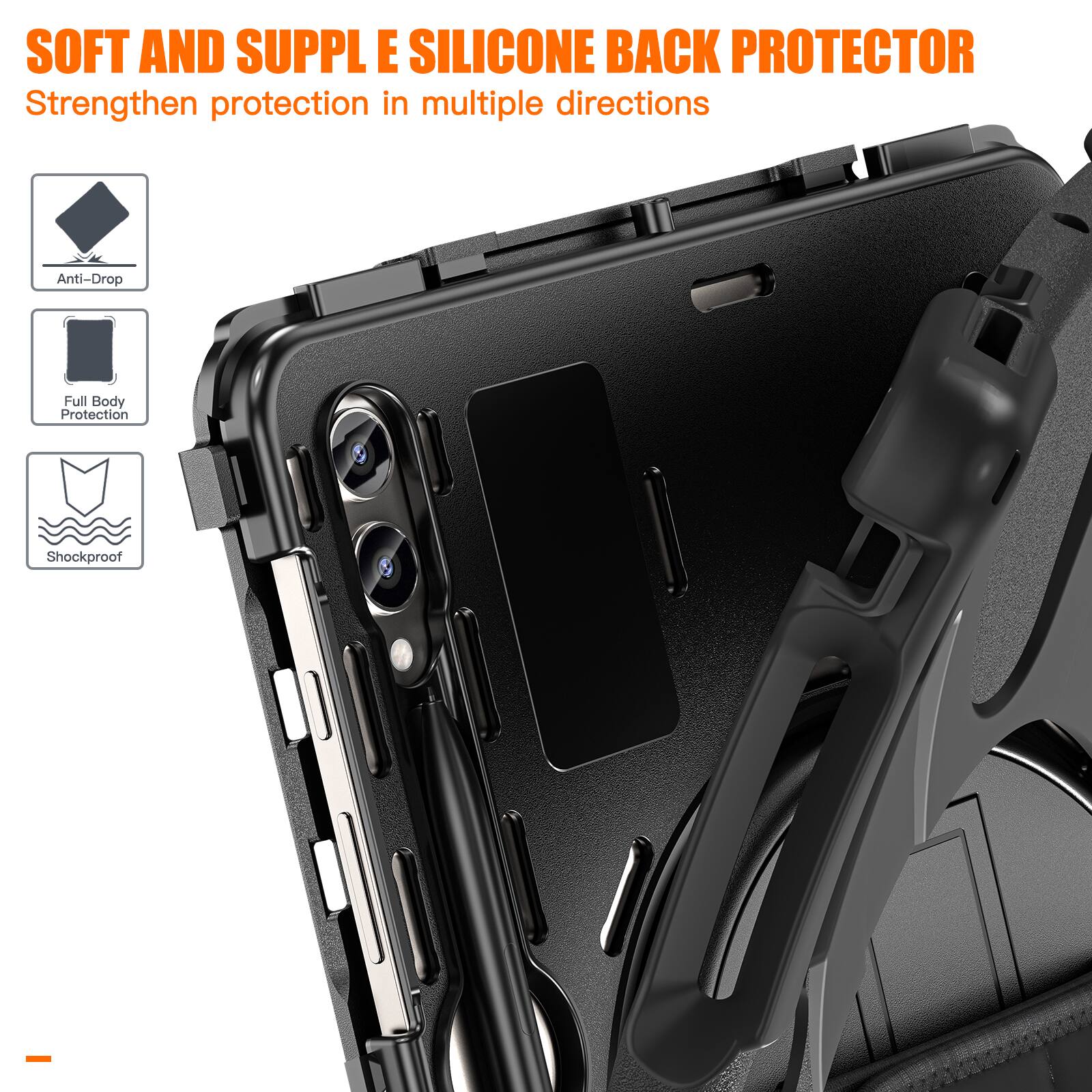 SOFT AND SUPPLE SILICONE BACK PROTECTOR  
Strengthen protection in multiple directions  
Anti-Drop  
Full Body Protection  
Shockproof