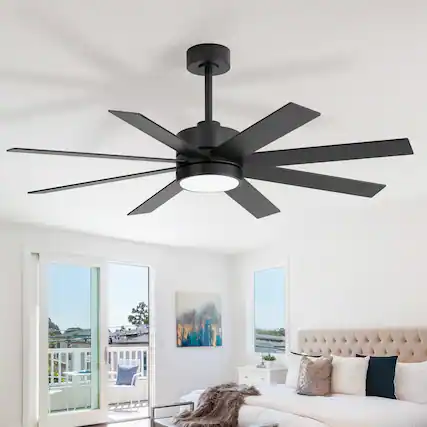 Front. Breezary - 52-Inch Ceiling Fan with LED Light, 8 Blades, 6-Speed Remote, Tri-Color Dimmable Light, Acrylic Shade, Downrod Mount - Black and Walnut.