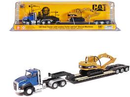 Diecast Masters - CAT CT660 Day Cab Tractor Blue Metallic with Lowboy Trailer & CAT 315C L Hydraulic Excavator Yellow 1/87 HO Diecast - Yellow and Blue