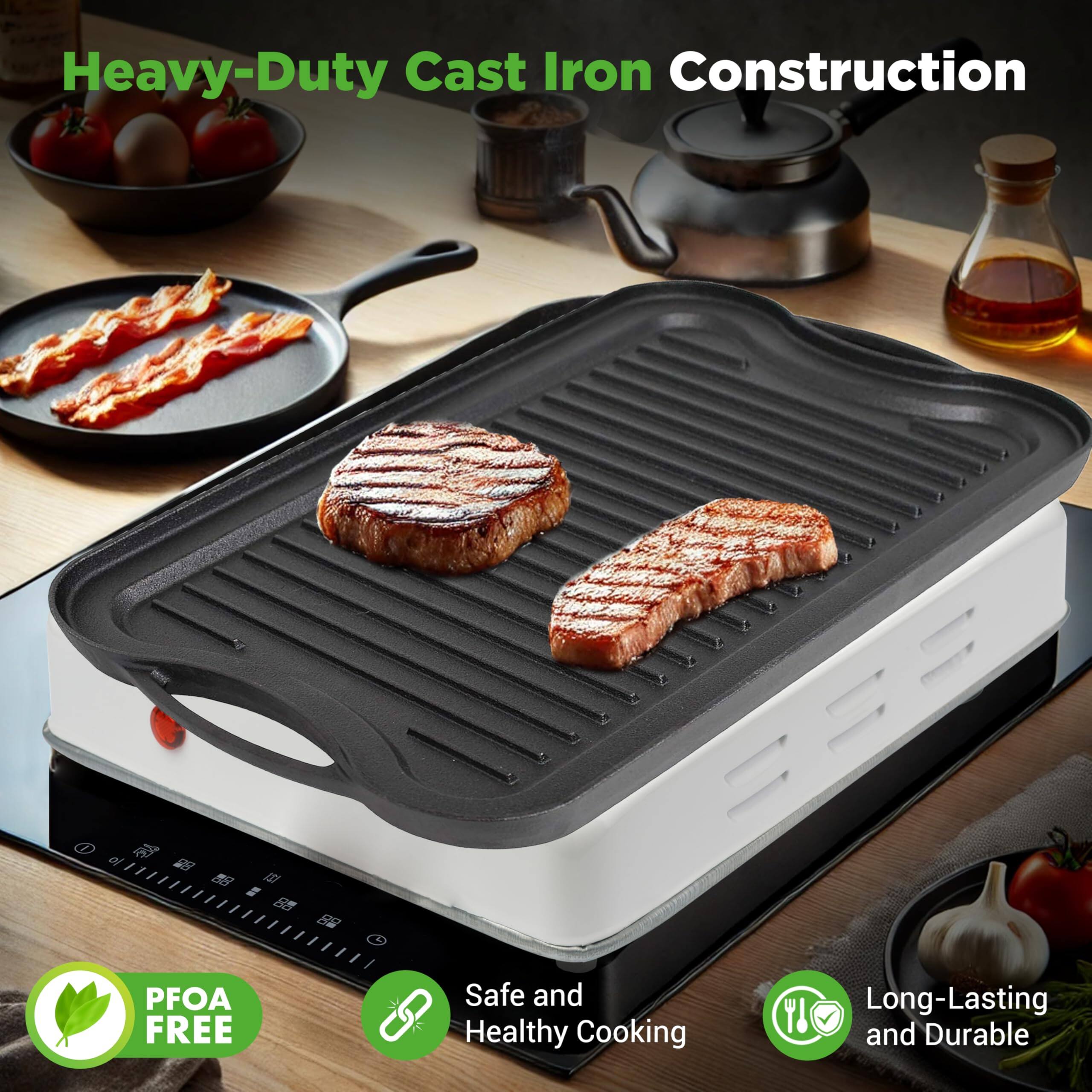 Heavy-Duty Cast Iron Construction

PFOA FREE

Safe and Healthy Cooking

Long-Lasting and Durable